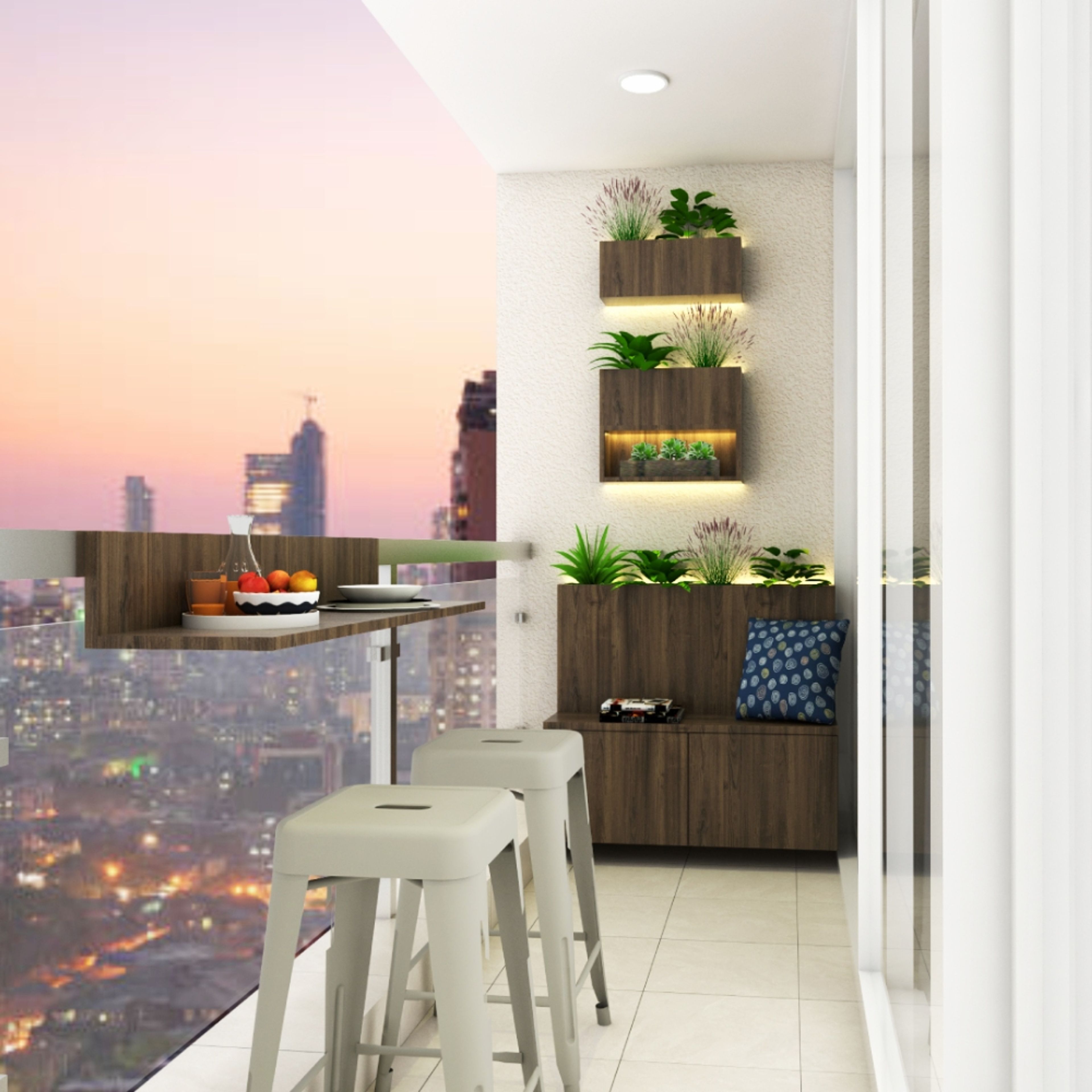 Modern Grey And Beige Balcony Design With Wooden Furniture