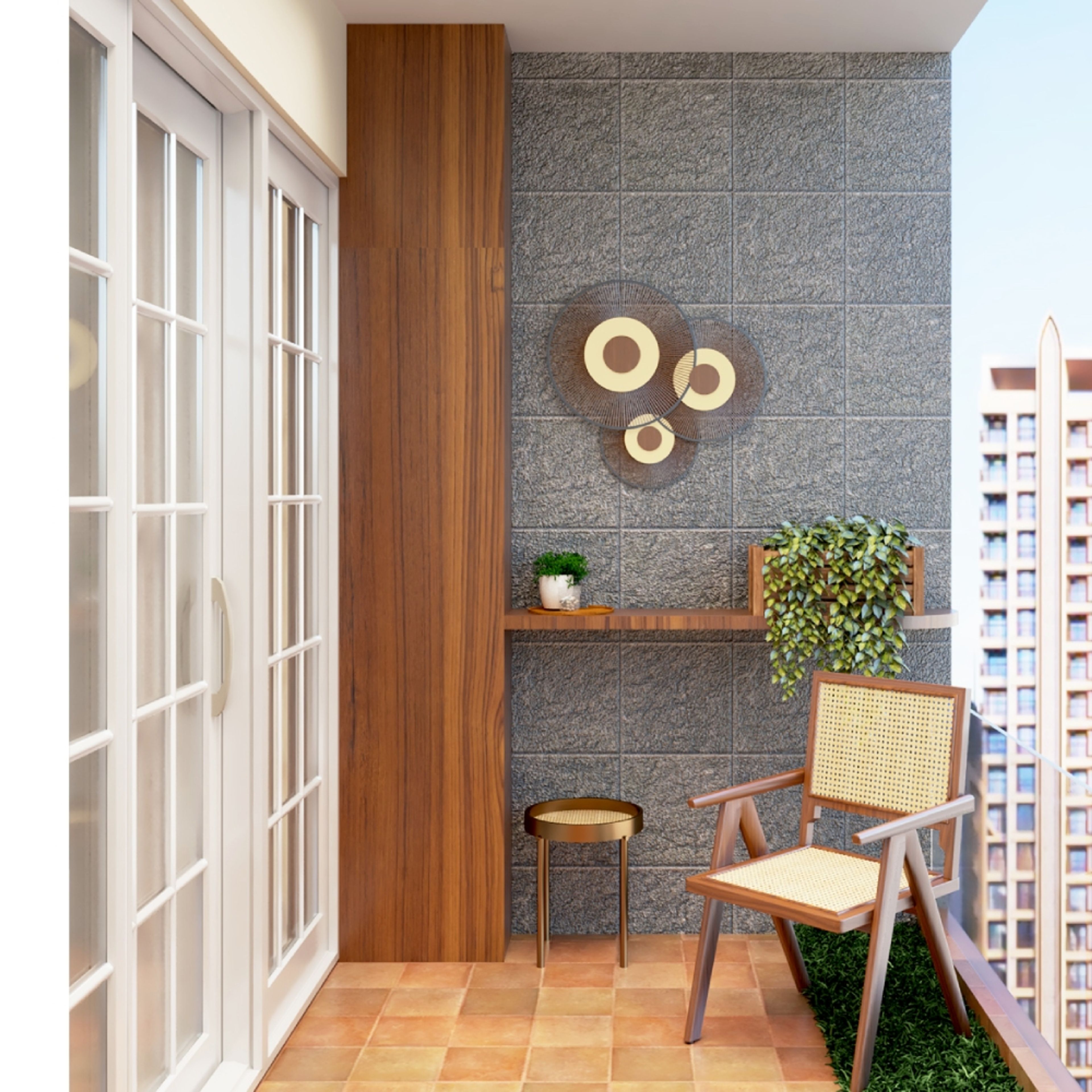 Tropical Grey And Wood Balcony Design With Grey Textured Panelled Wall