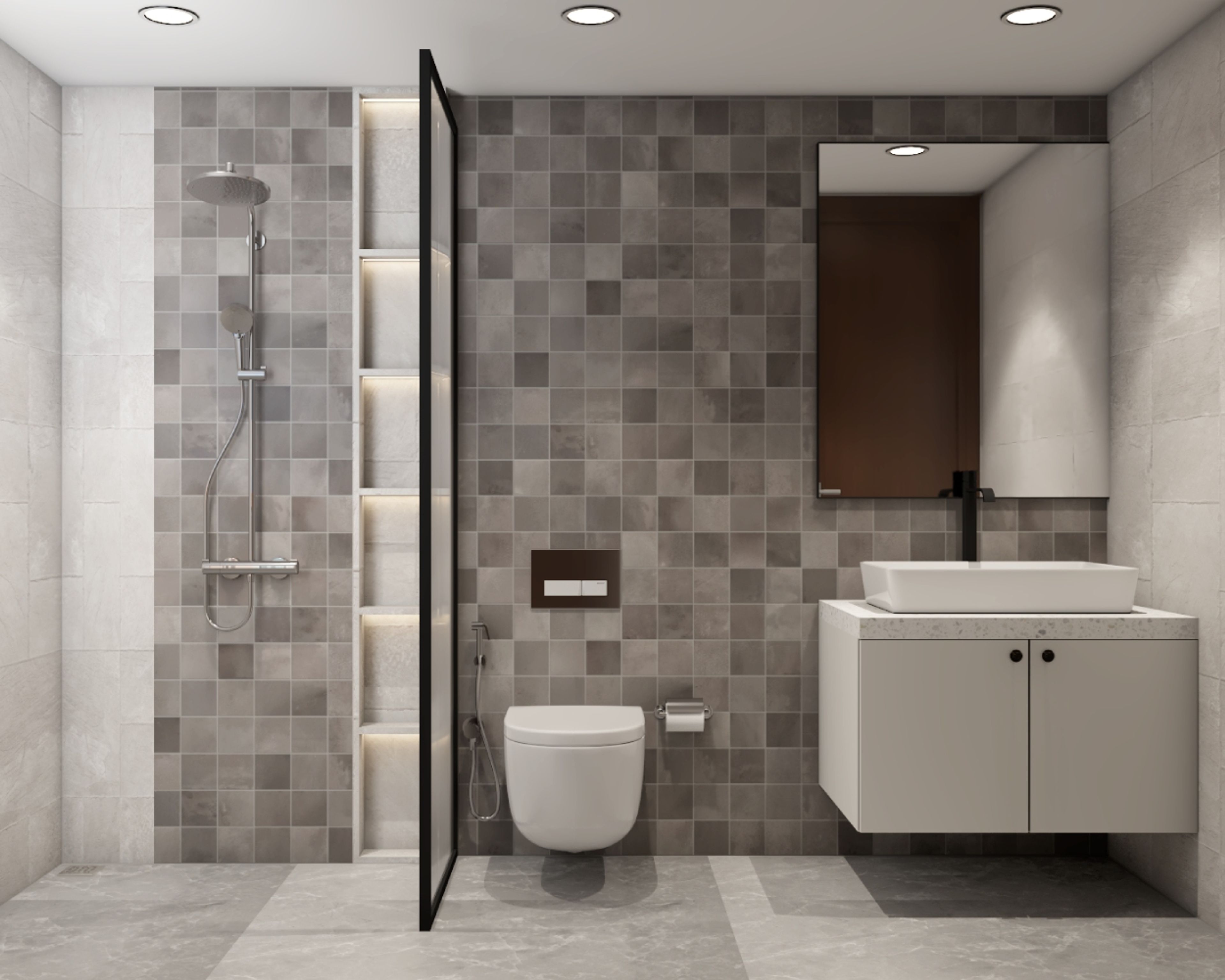 Modern Bathroom Design With Grey Ceramic Wall And White Vanity Unit