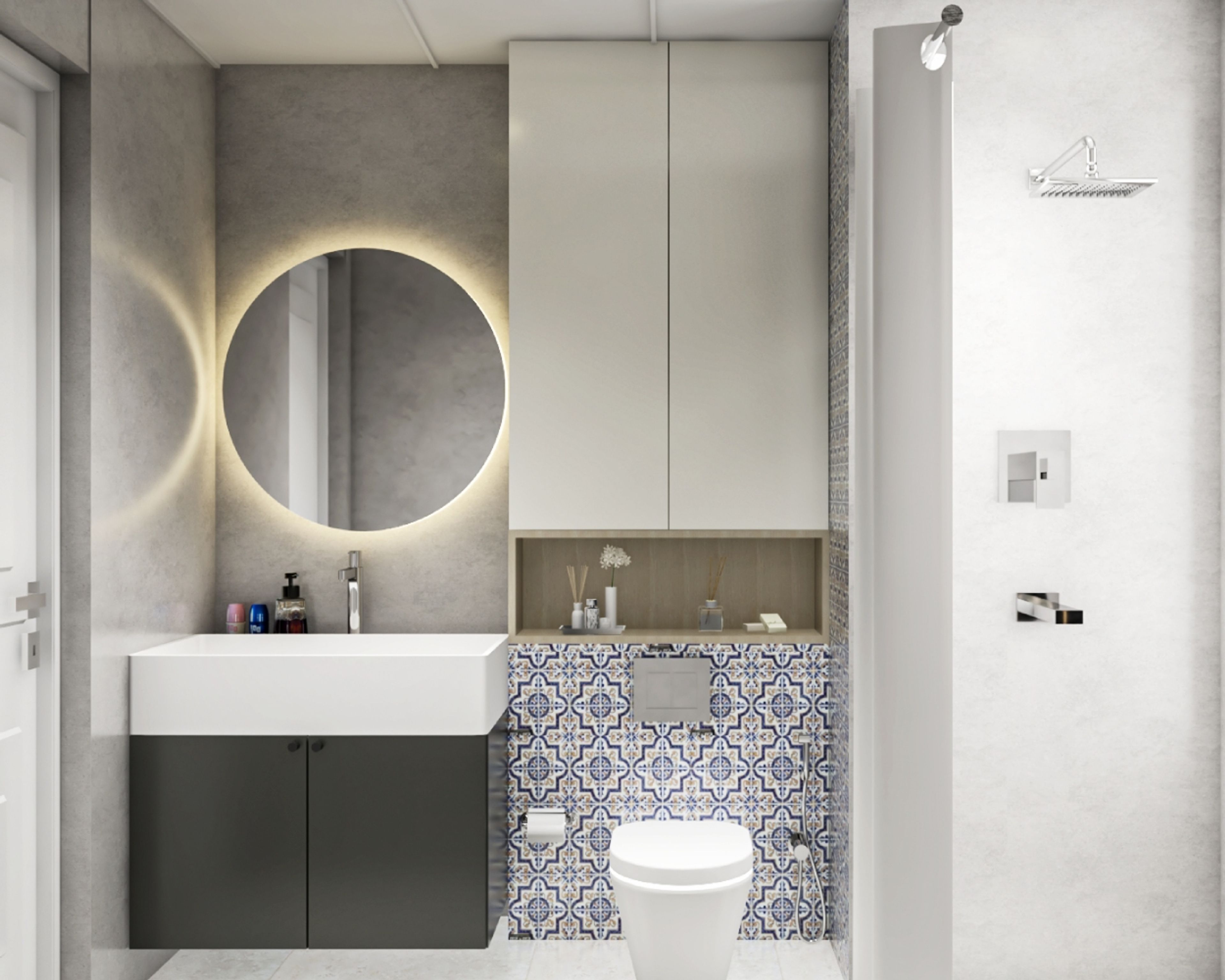 Modern Bathroom Design With Grey Vanity Unit And Moroccan Tiling