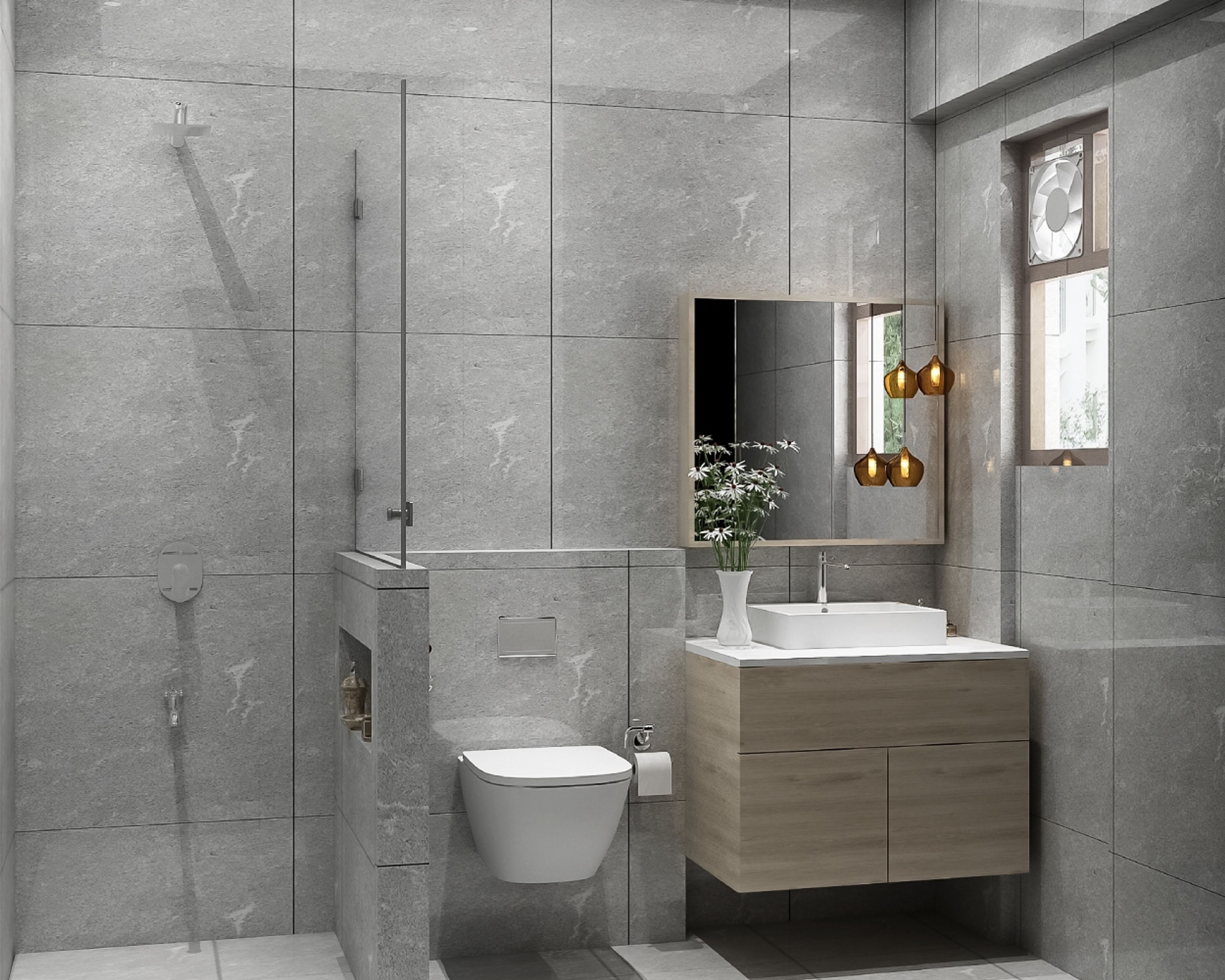 Modern Grey Bathroom Design With Wooden Vanity Unit