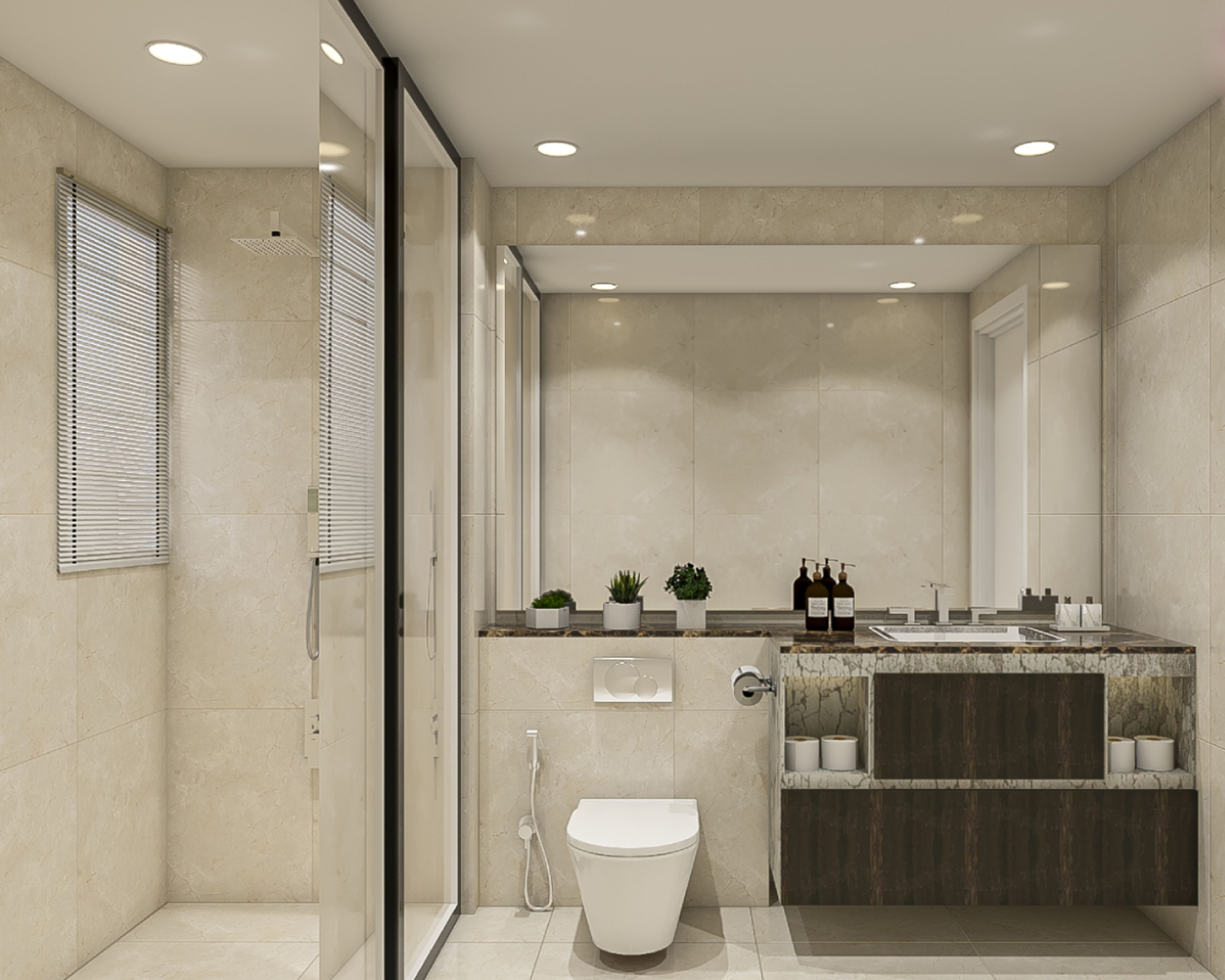 Modern Beige Bathroom Design With Wood And Marble Vanity Unit