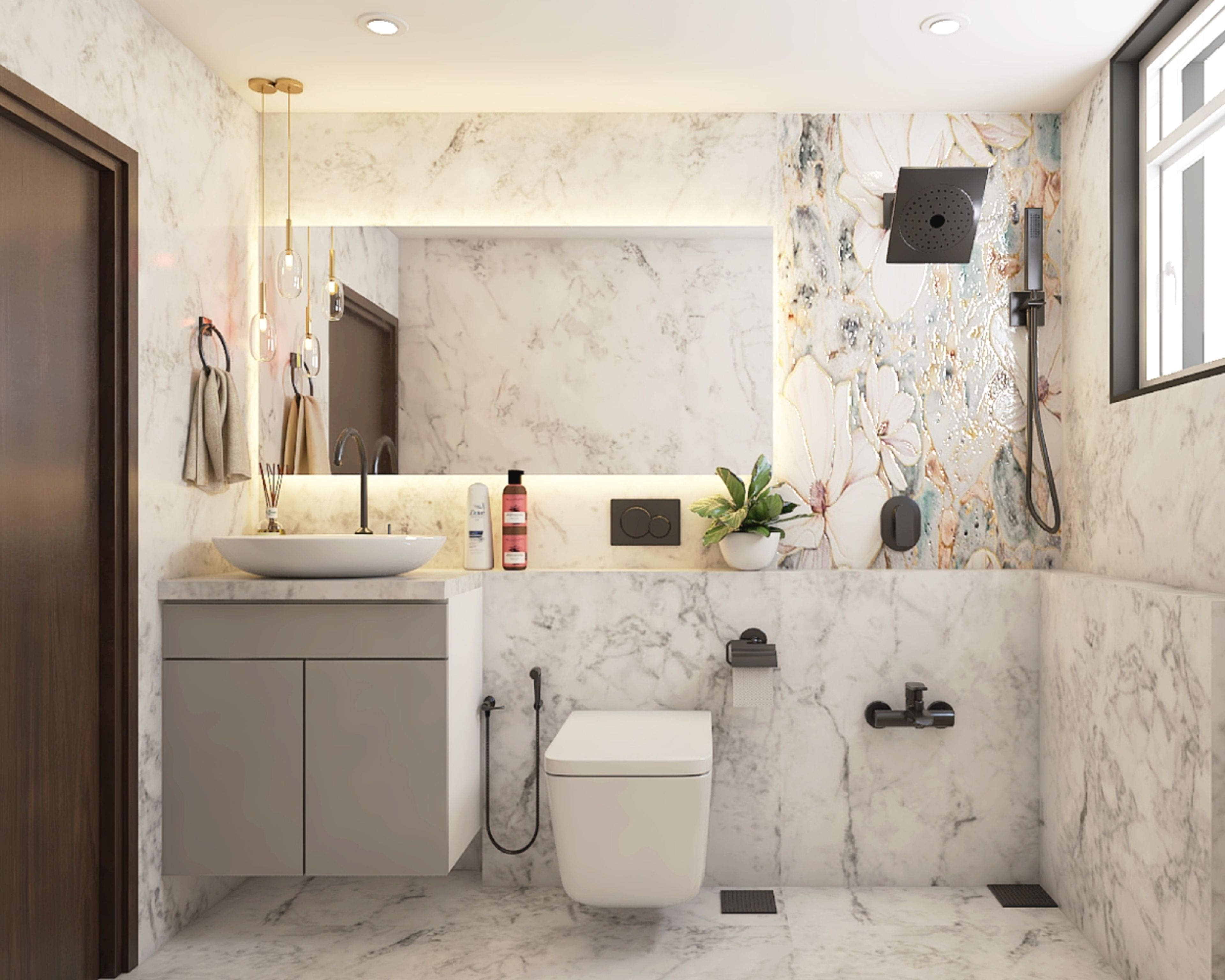 Modern White And Grey Bathroom Design With Floral Wall Design