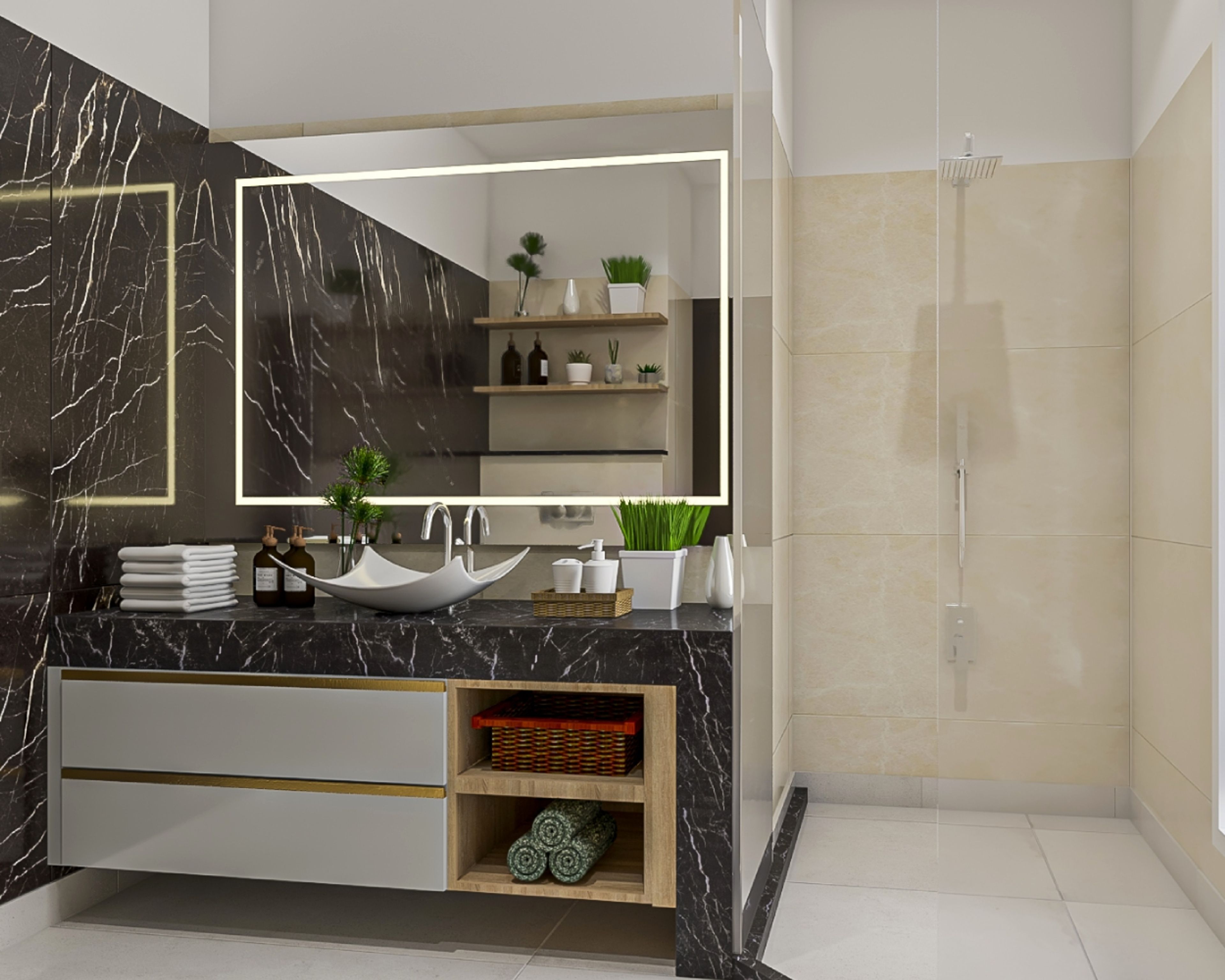 Modern Black And Cream Spacious Bathroom Design With Large Lit Rectangular Mirror