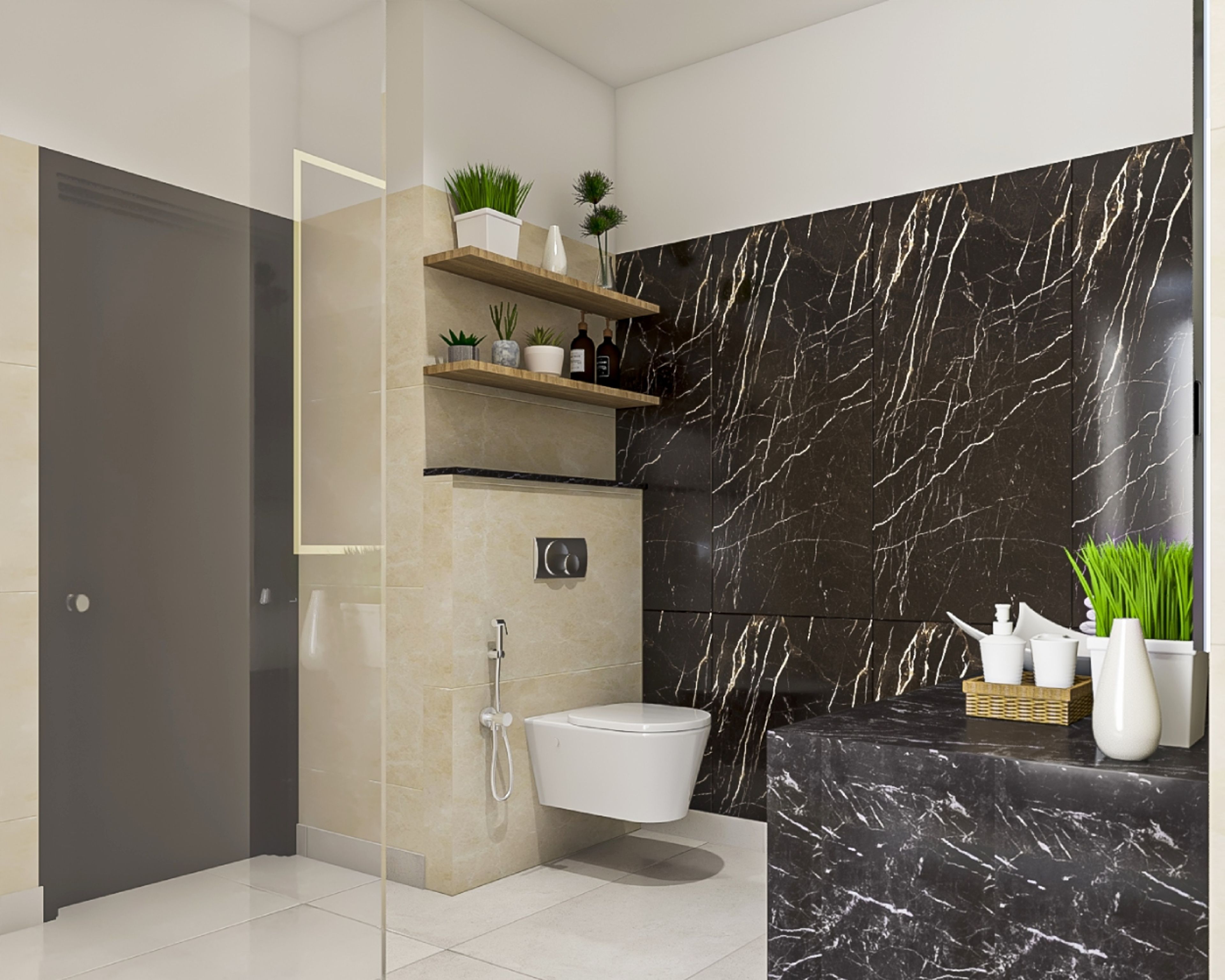 Black and Cream Bathroom Design With Wall-Mounted Wooden Shelves And Glass Partition - Livspace