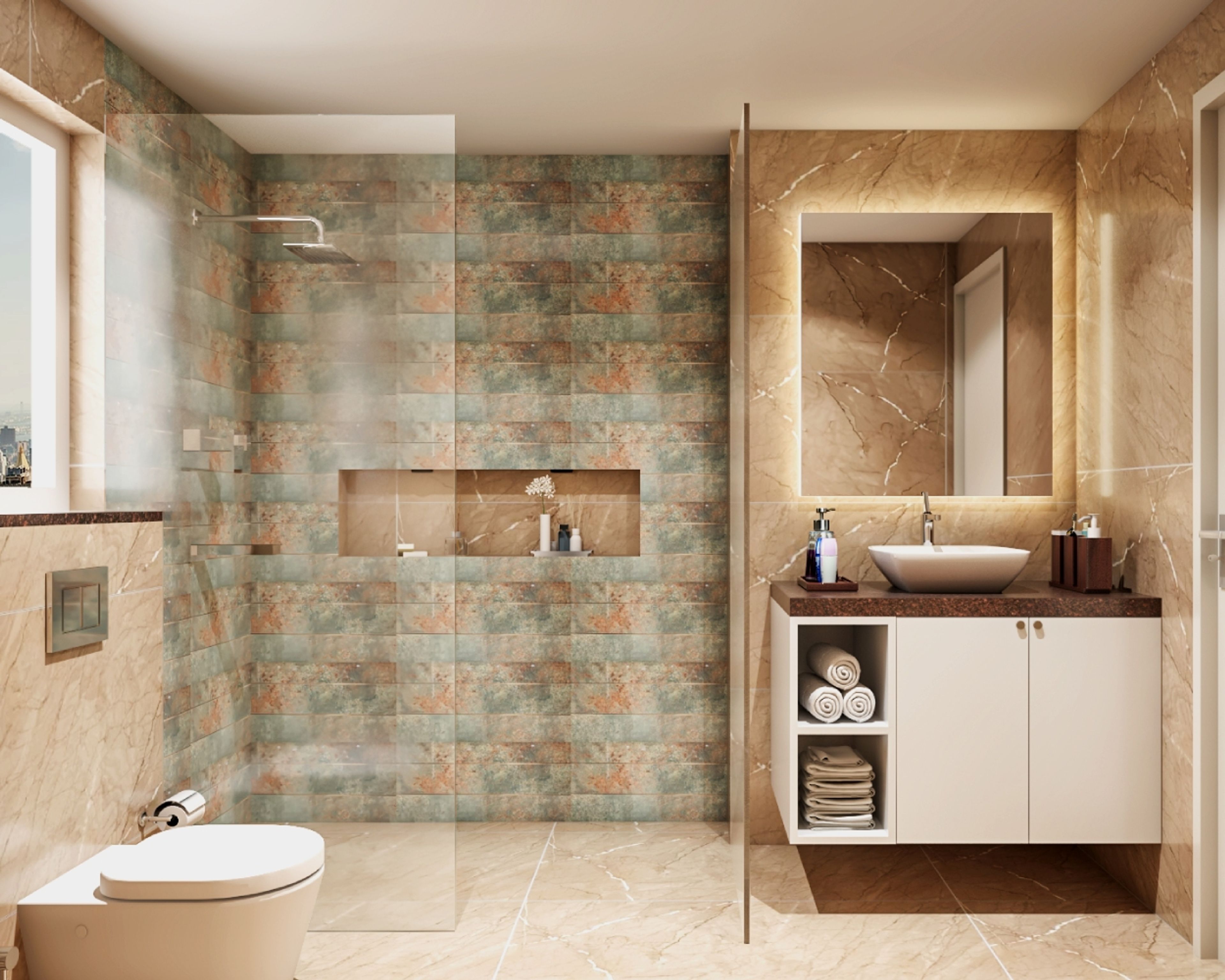 Peach And Blue Modern Bathroom Design With White Bathroom Cabinet