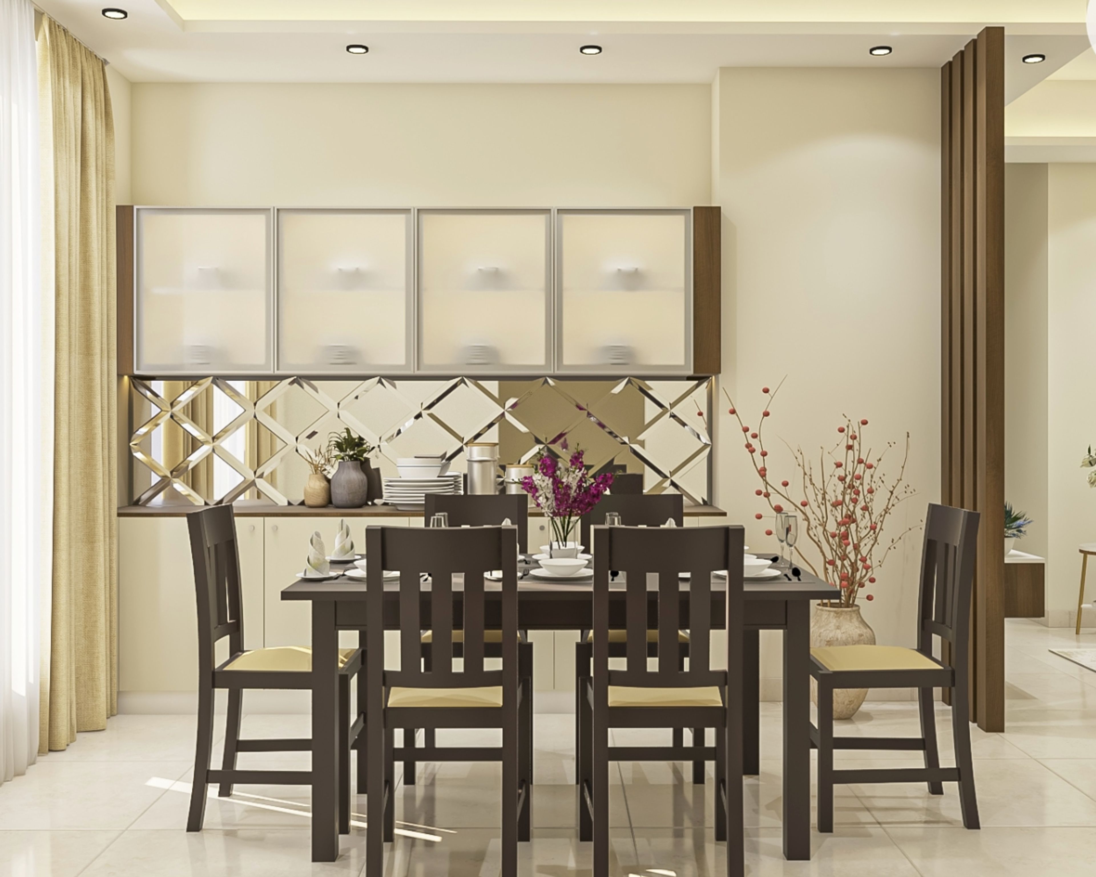 Contemporary dining room with beige and wood 6-seater table and crockery unit with beveled mirror back panel. Ideal for medium-size families. - Livspace