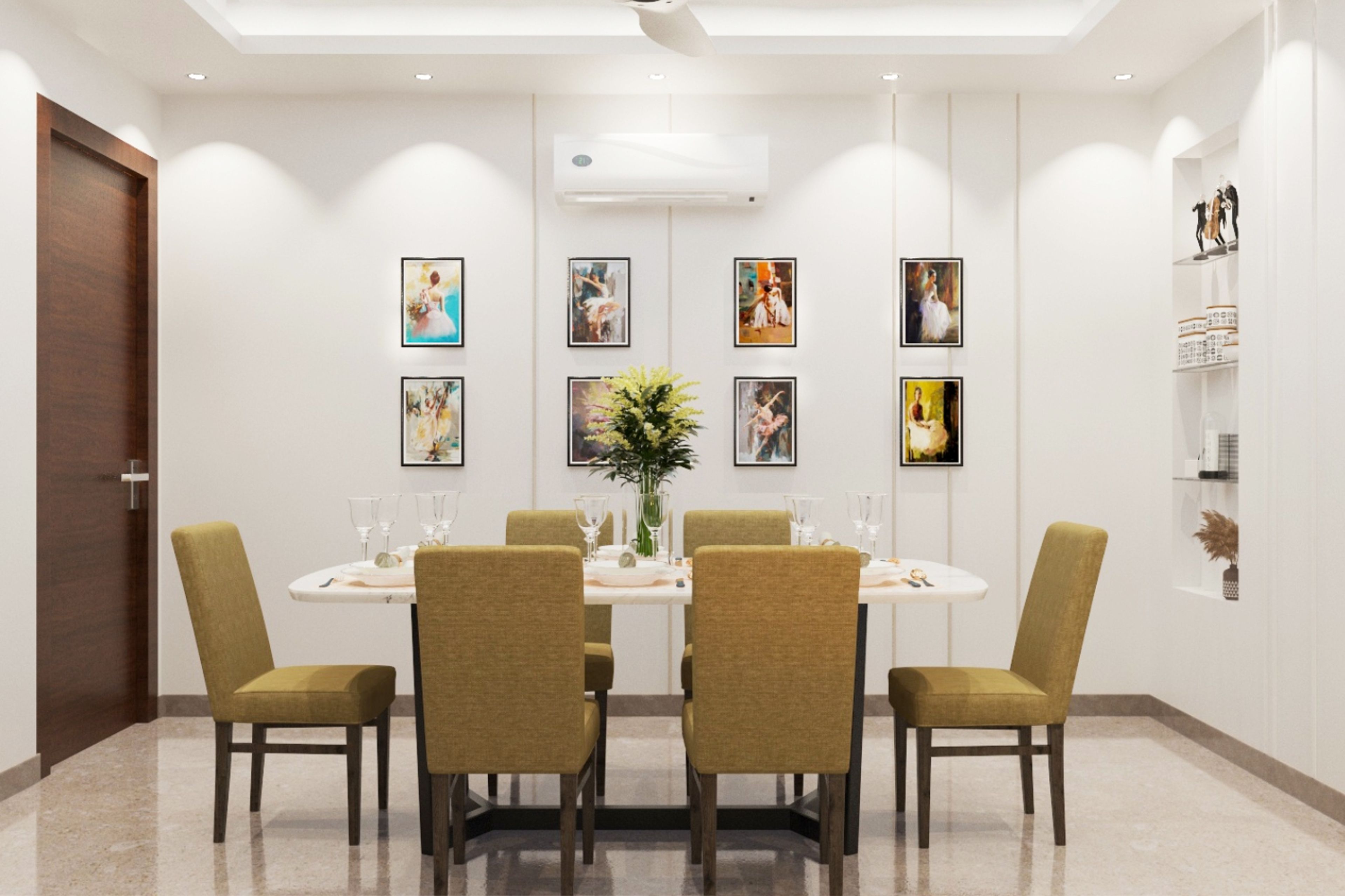 Modern dining room with white and brown 6-seater table and brown textured chairs. Ideal for large families. - Livspace
