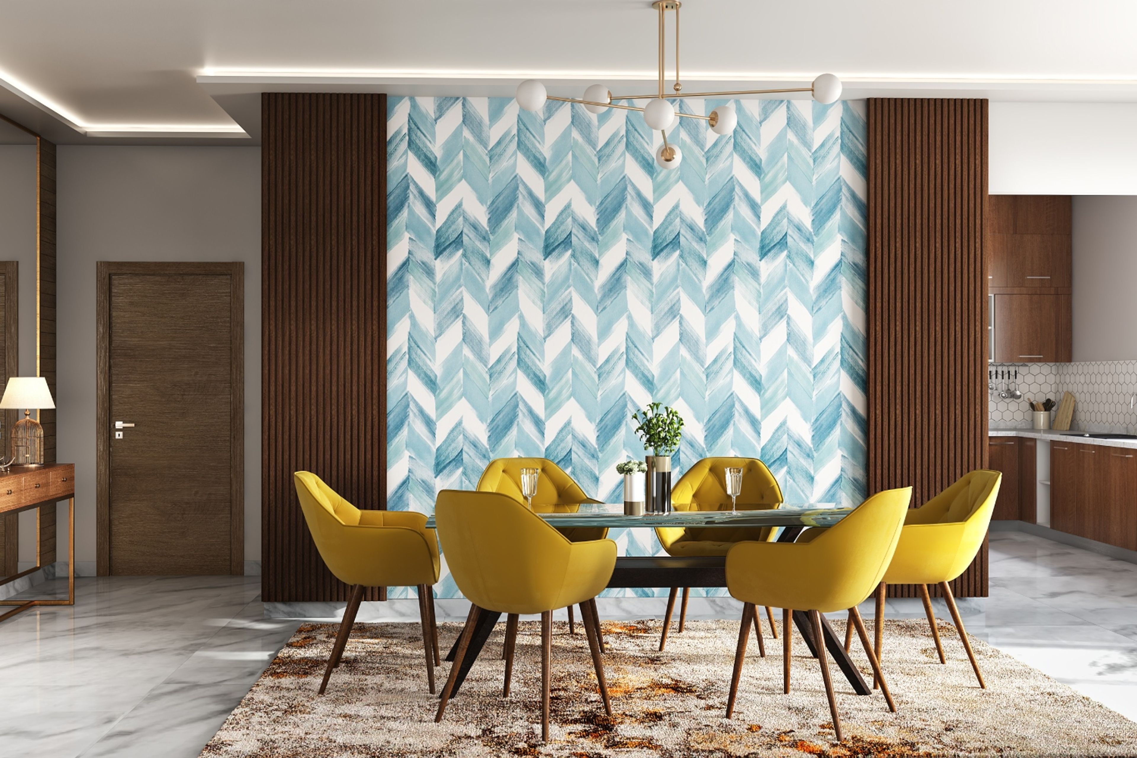 Contemporary dining room with 6-seater glass table, accent wall and wooden fluted panels - Livspace