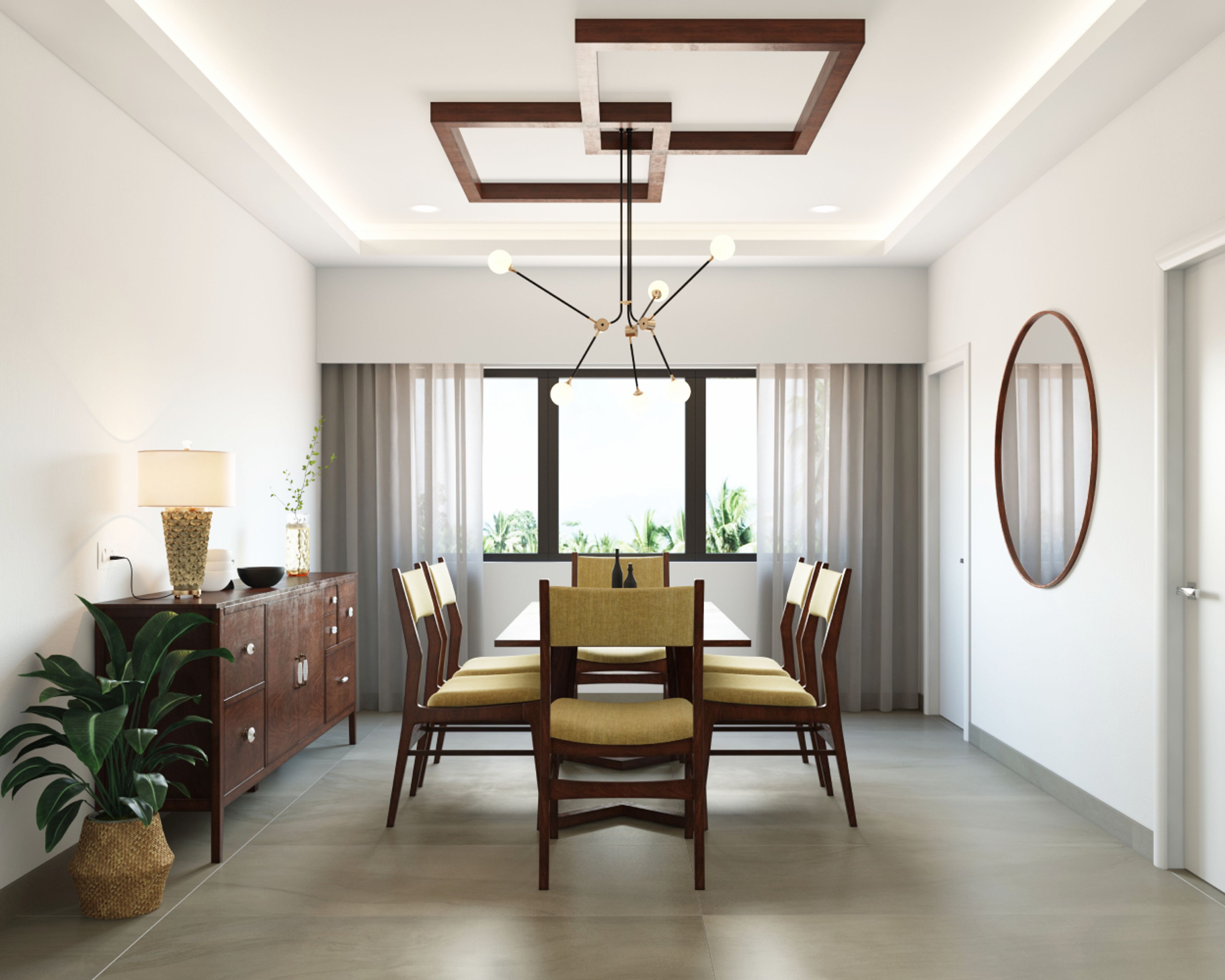 Dining room design with chairs, 6-seater dining table and wooden console table - Livspace