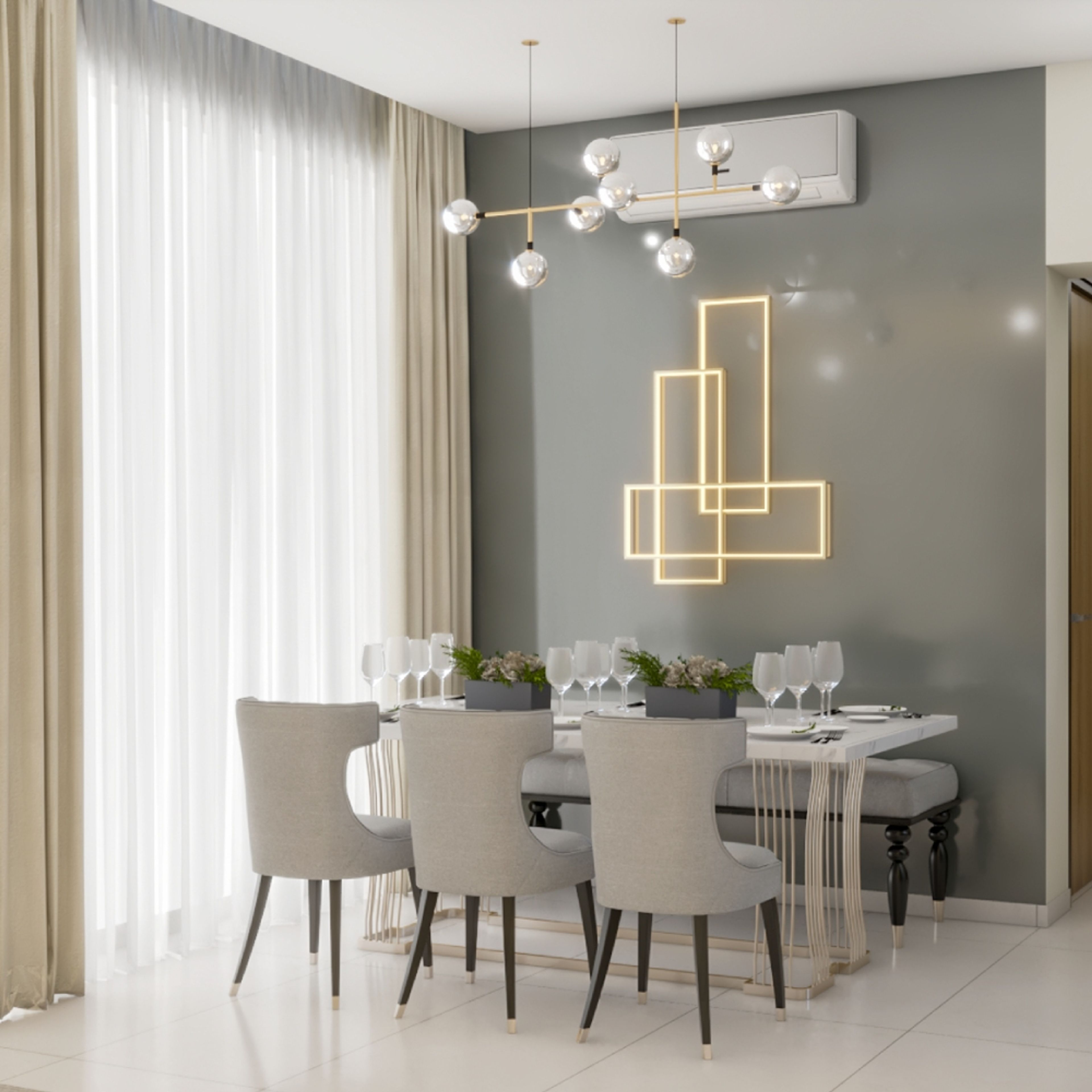Dining room design with 6-seater marble top table, grey chairs, sofa bench, chandelier - Livspace
