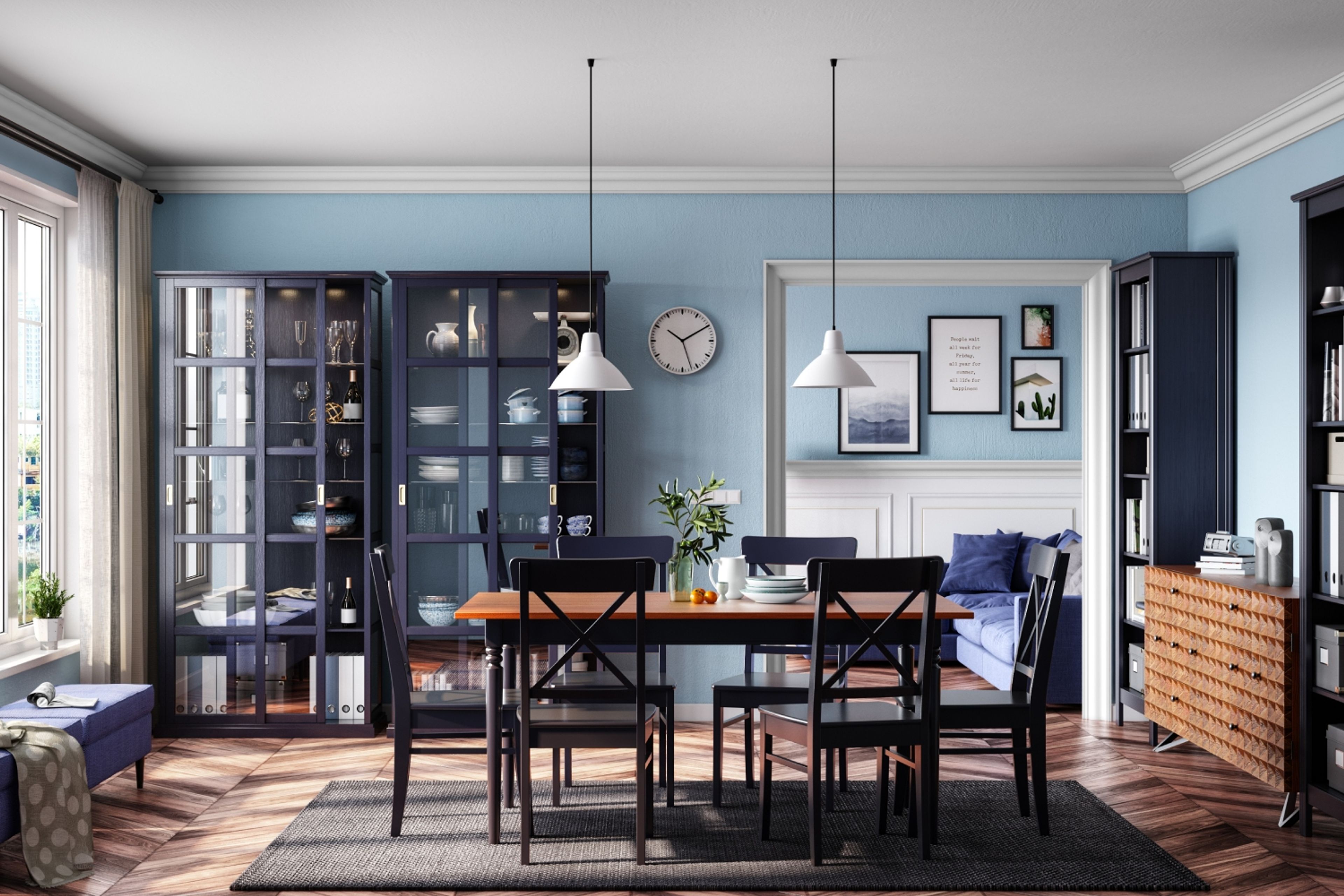 Mid-Century Modern 6-Seater Wood And Black Dining Room Design With Crockery Units