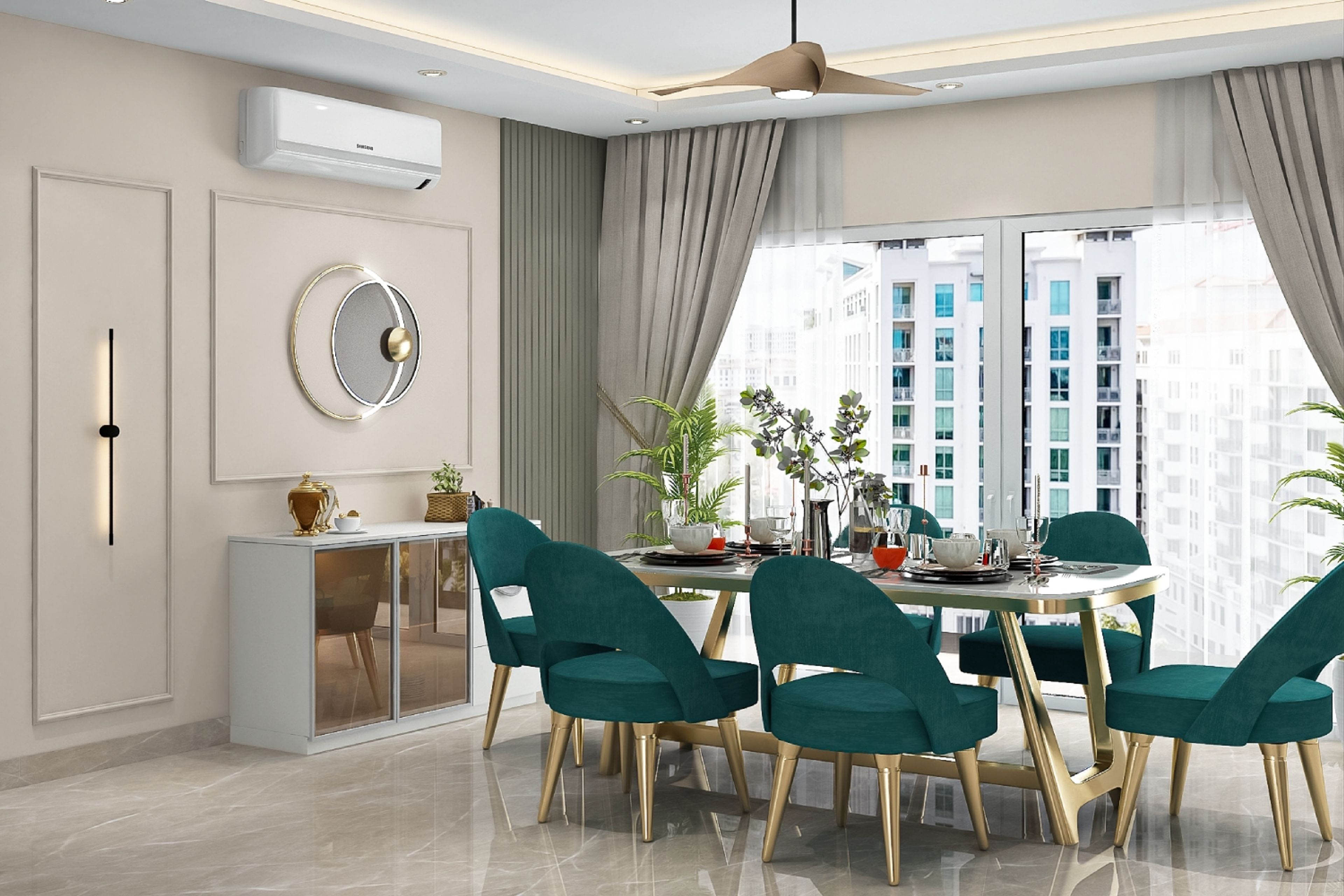 Contemporary dining room featuring teal chairs and gold-toned legs surrounding a 6-seater table. Storage unit with transparent shutters. Ideal for large families. - Livspace