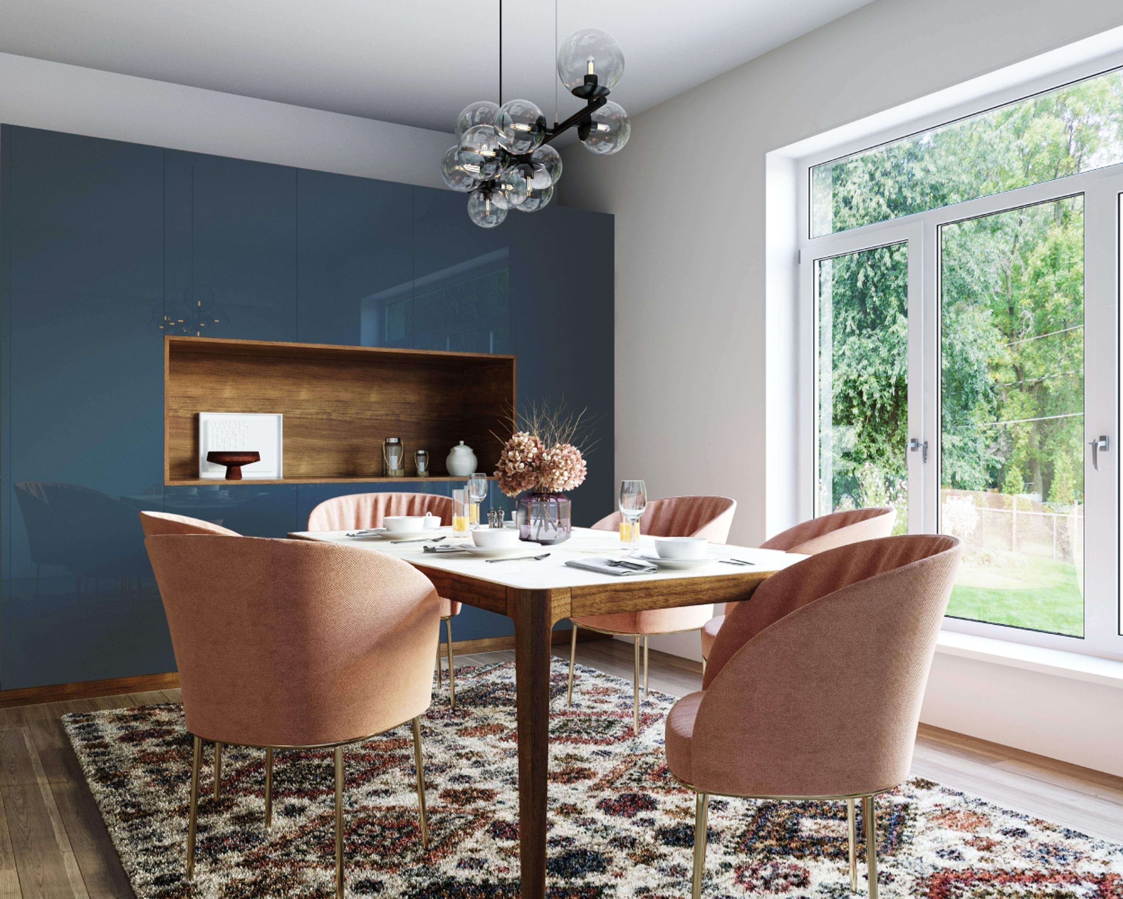 Dining room design with 6 seater dining table, chairs, storage unit, chandelier, and rug - Livspace
