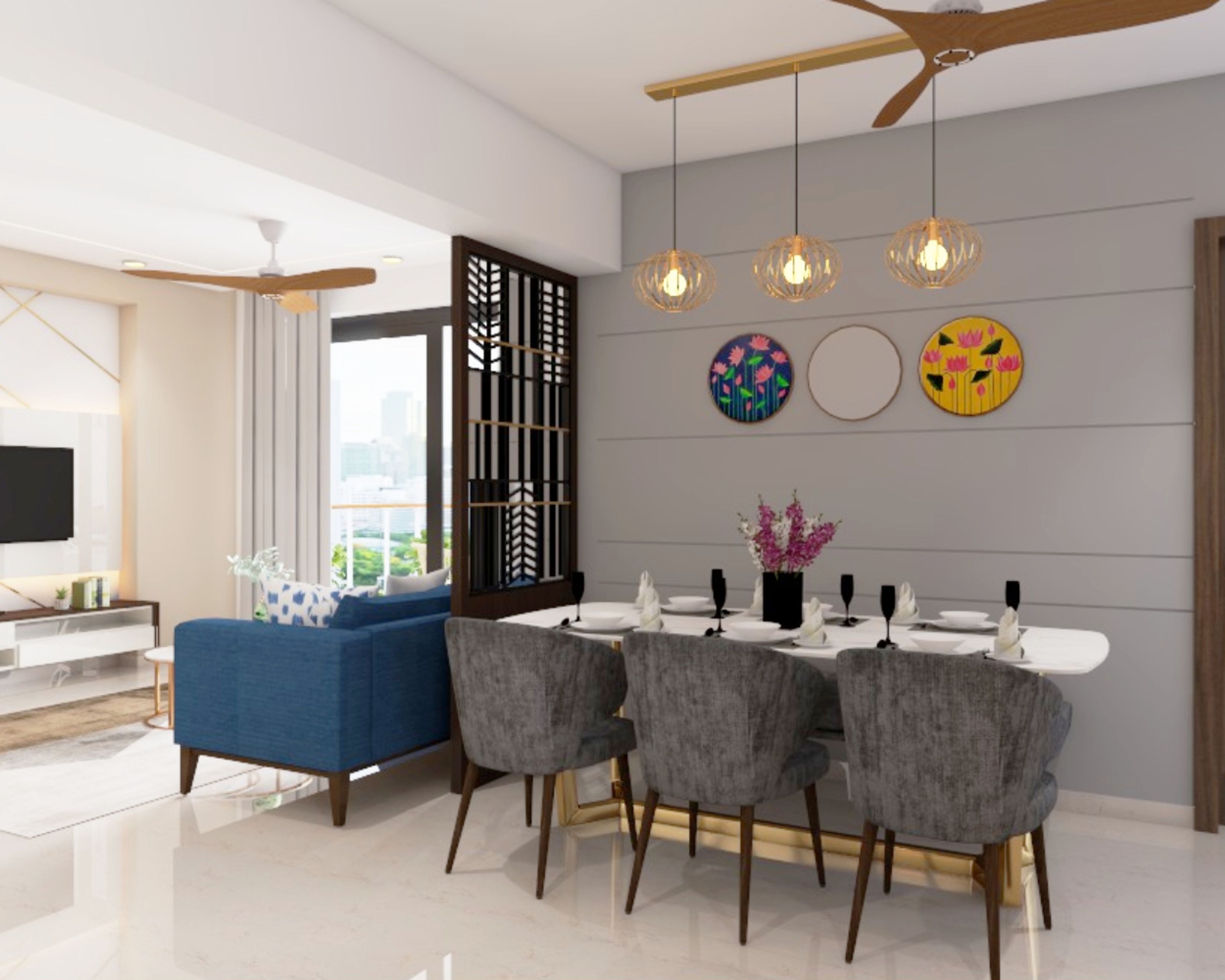 Modern White And Grey 3-Seater Dining Room Design With Long Bench