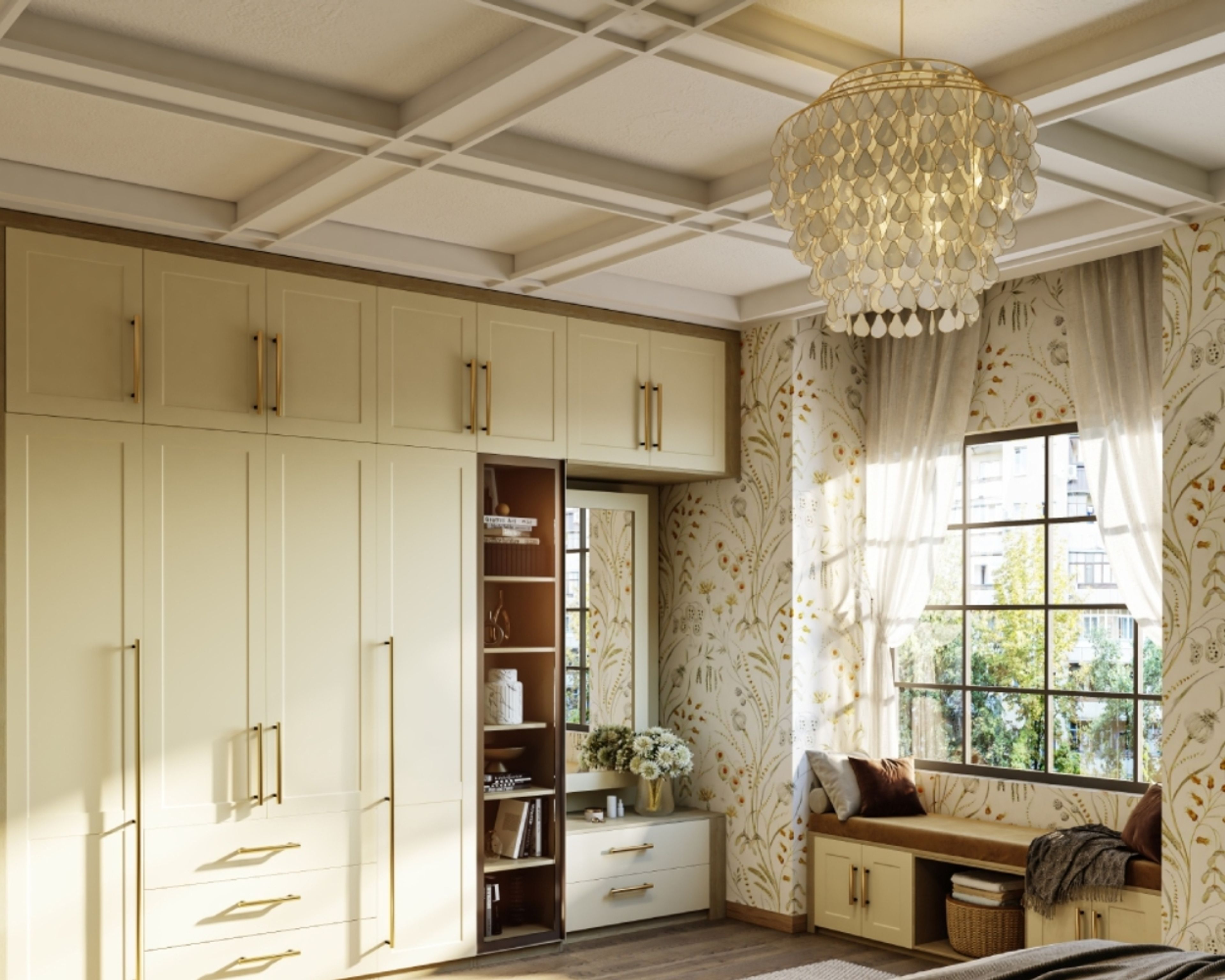 Classic coffered gypsum ceiling illuminated by a chandelier - Livspace