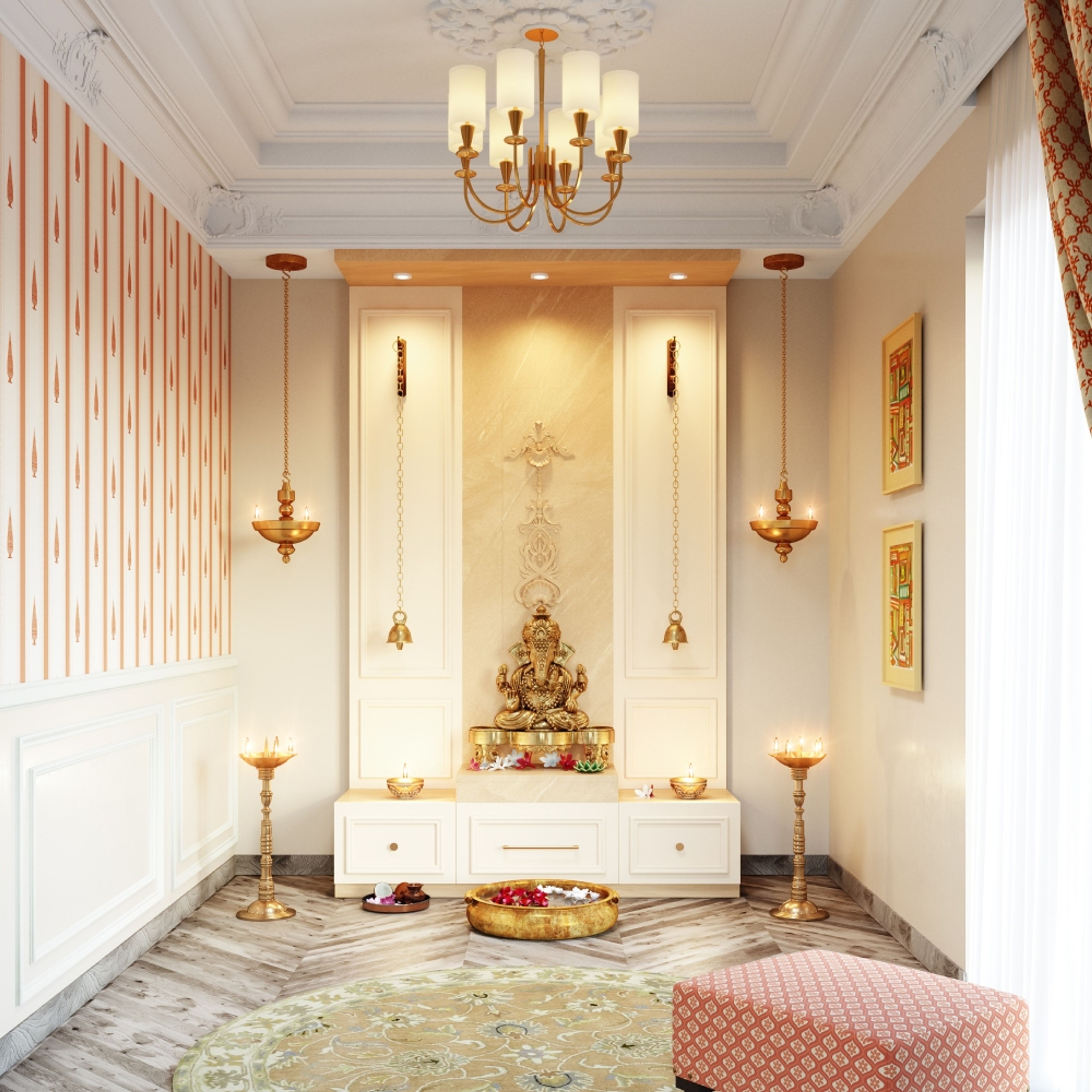 Rectangular POP stucco multilayered false ceiling design with chandelier - Livspace