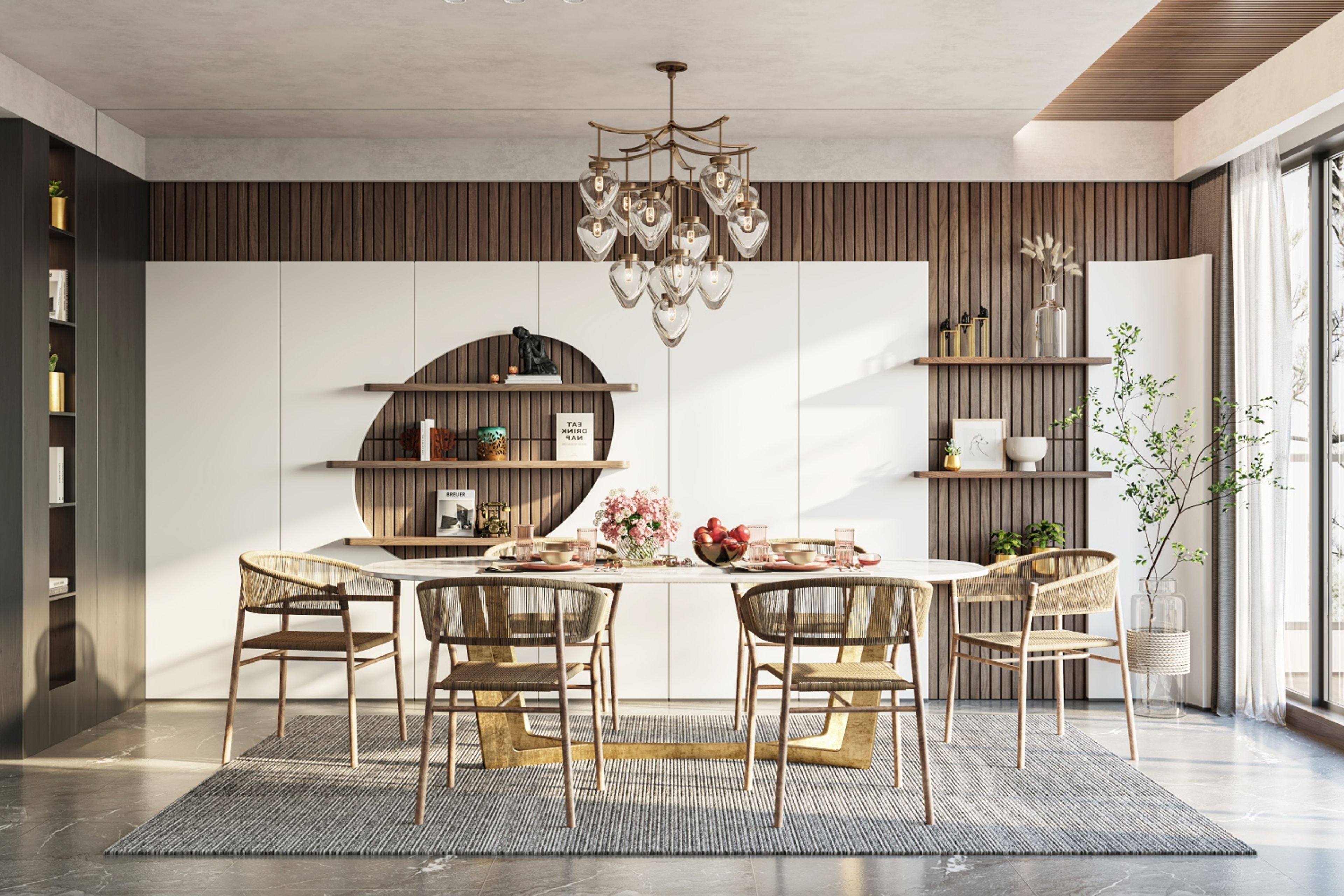 Mid-Century Modern White And Wood False Ceiling Design For Dining Room