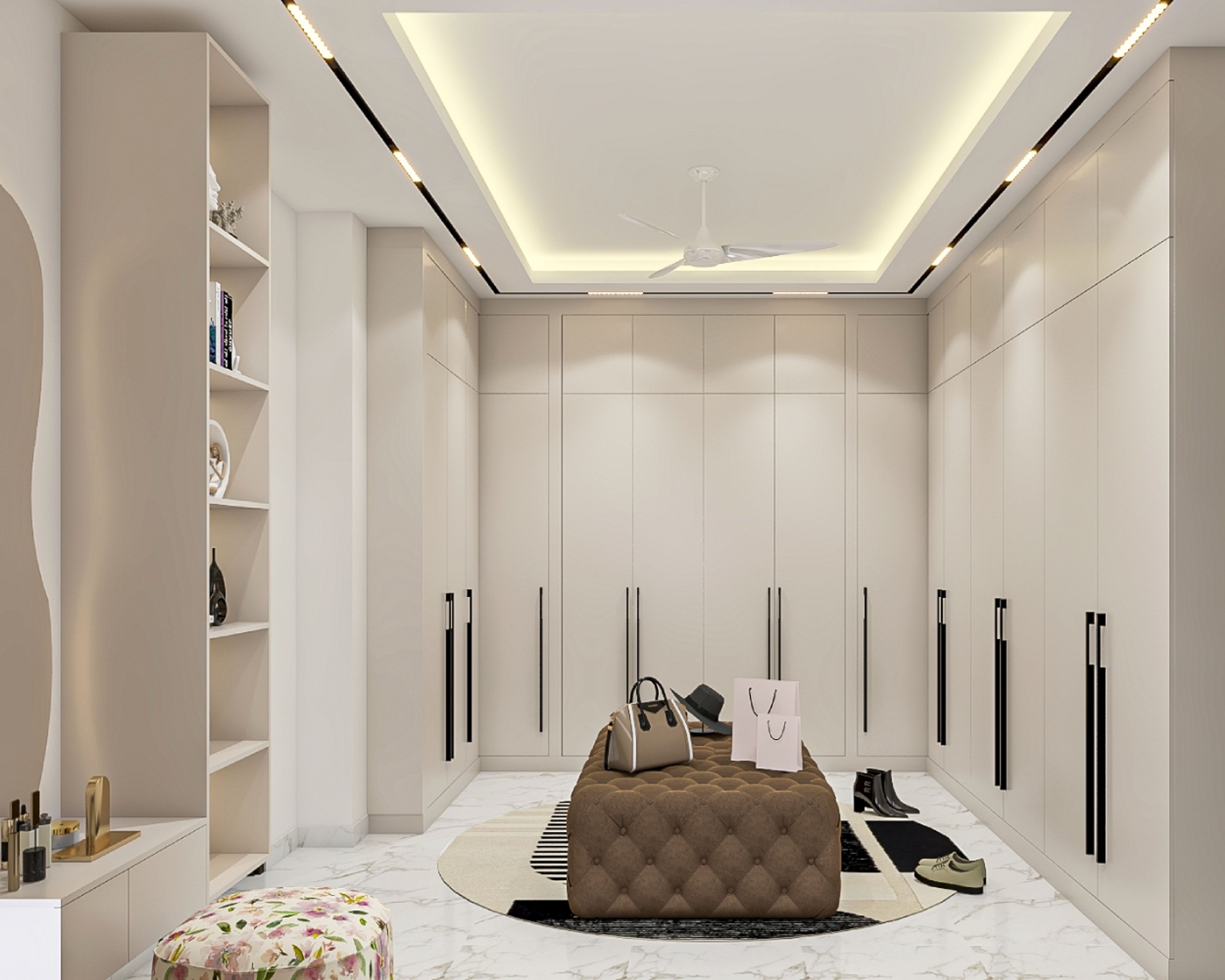 Modern peripheral false ceiling design with cove lights and strip lights - Livspace