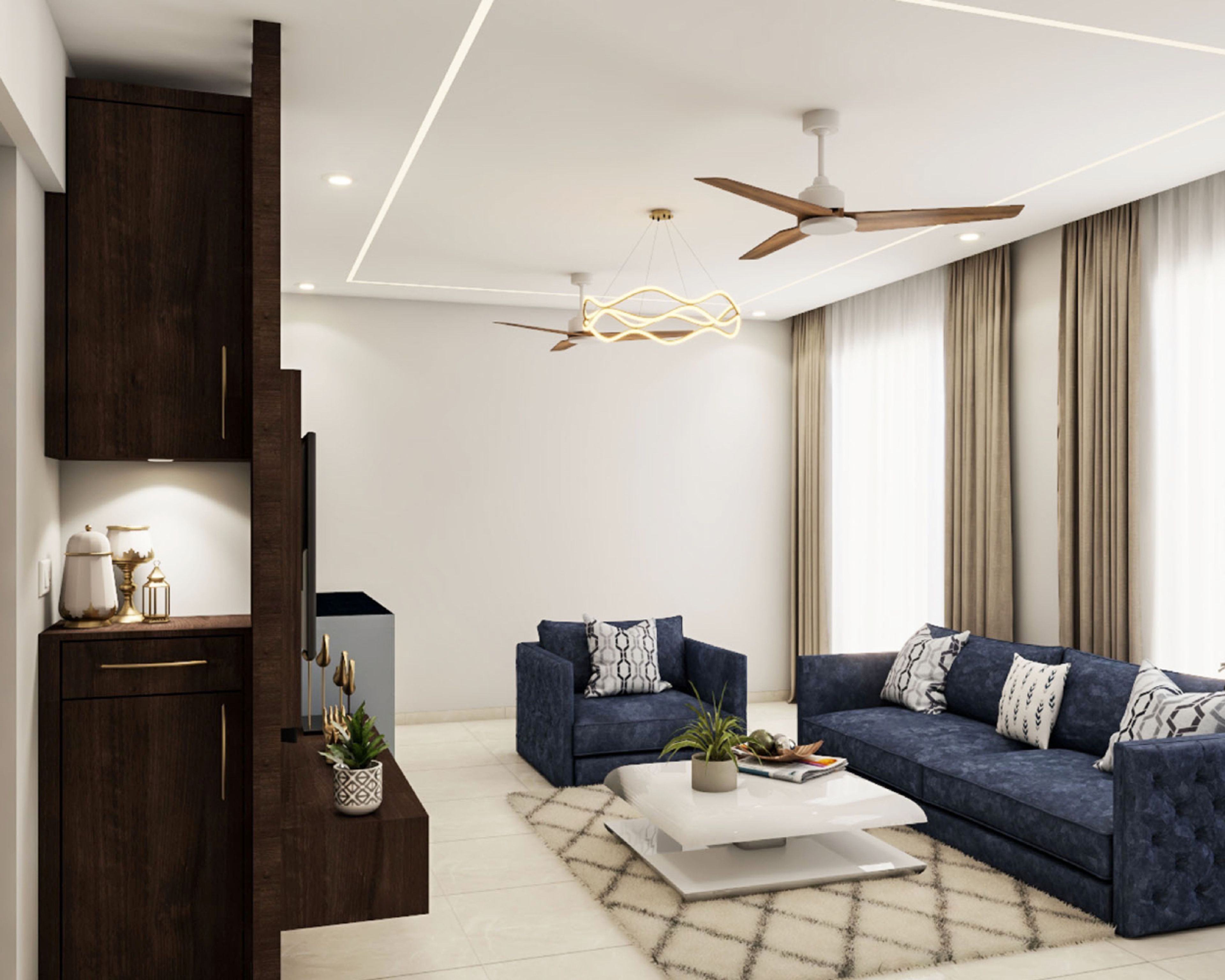 Modern White Single-Layered Living Room Ceiling Design With Track Lights