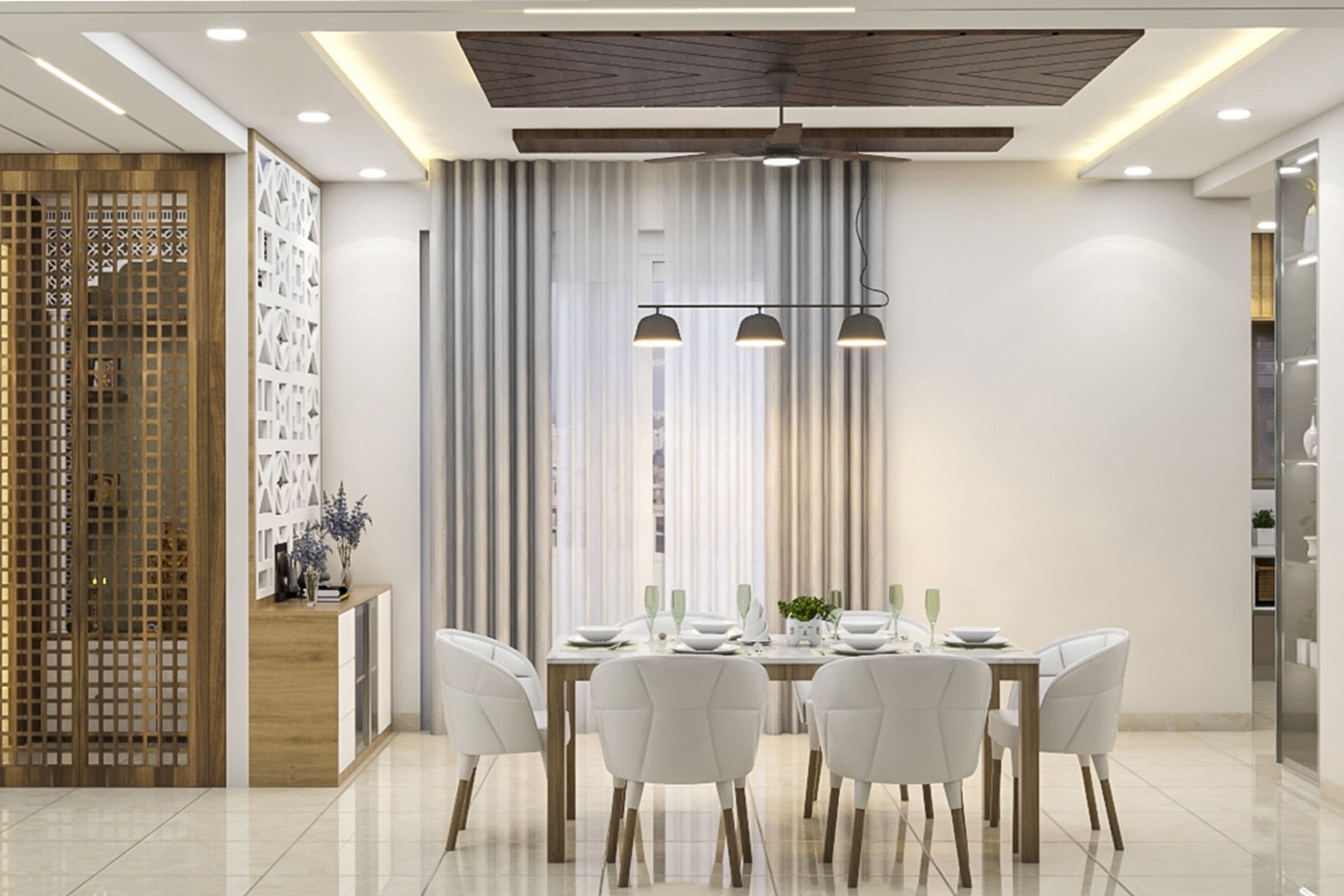 Contemporary False Ceiling Design With Layered U-Shaped POP And Wood