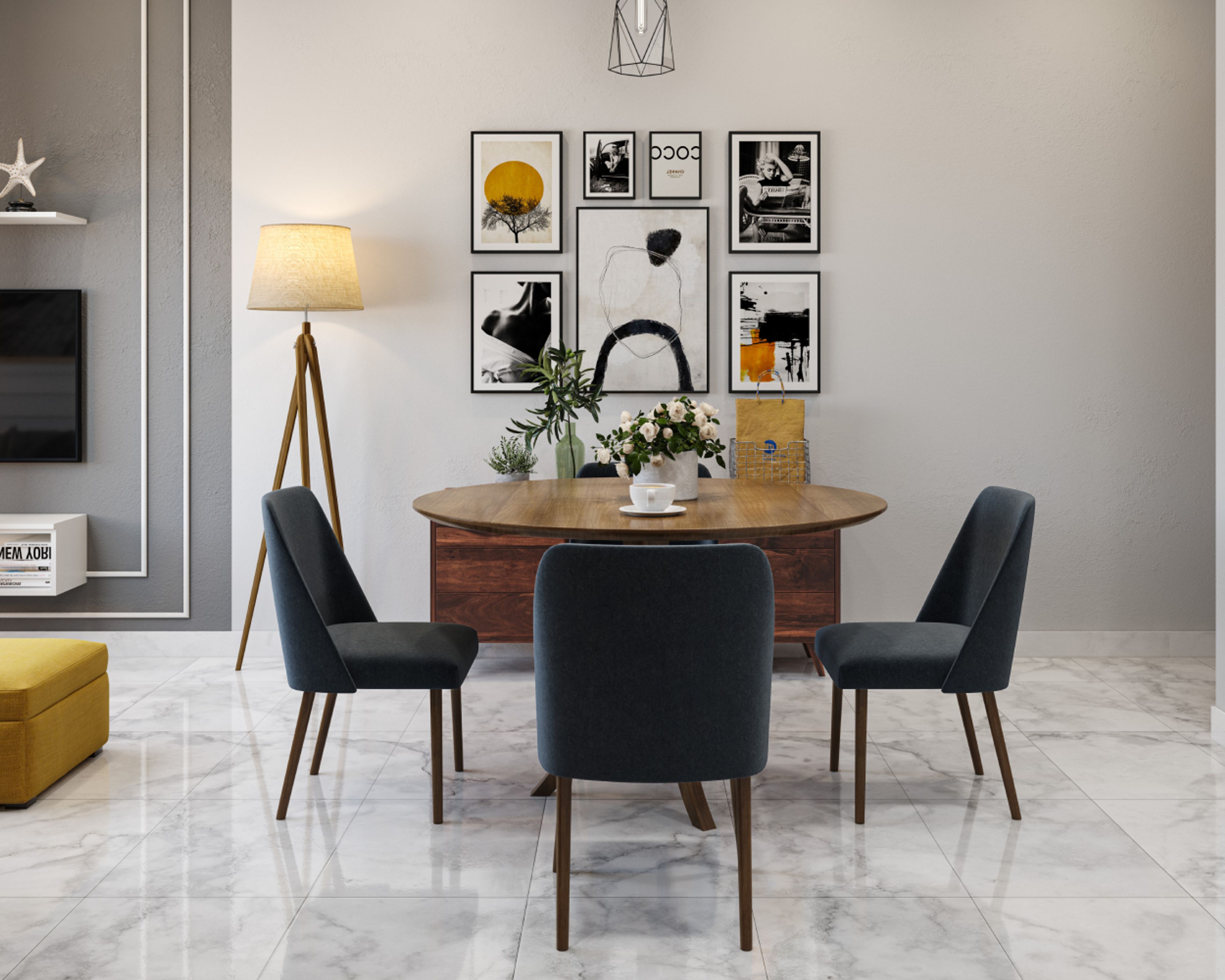 Modern grey and white marble-inspired square tiles enhancing the aesthetic of your space. - Livspace