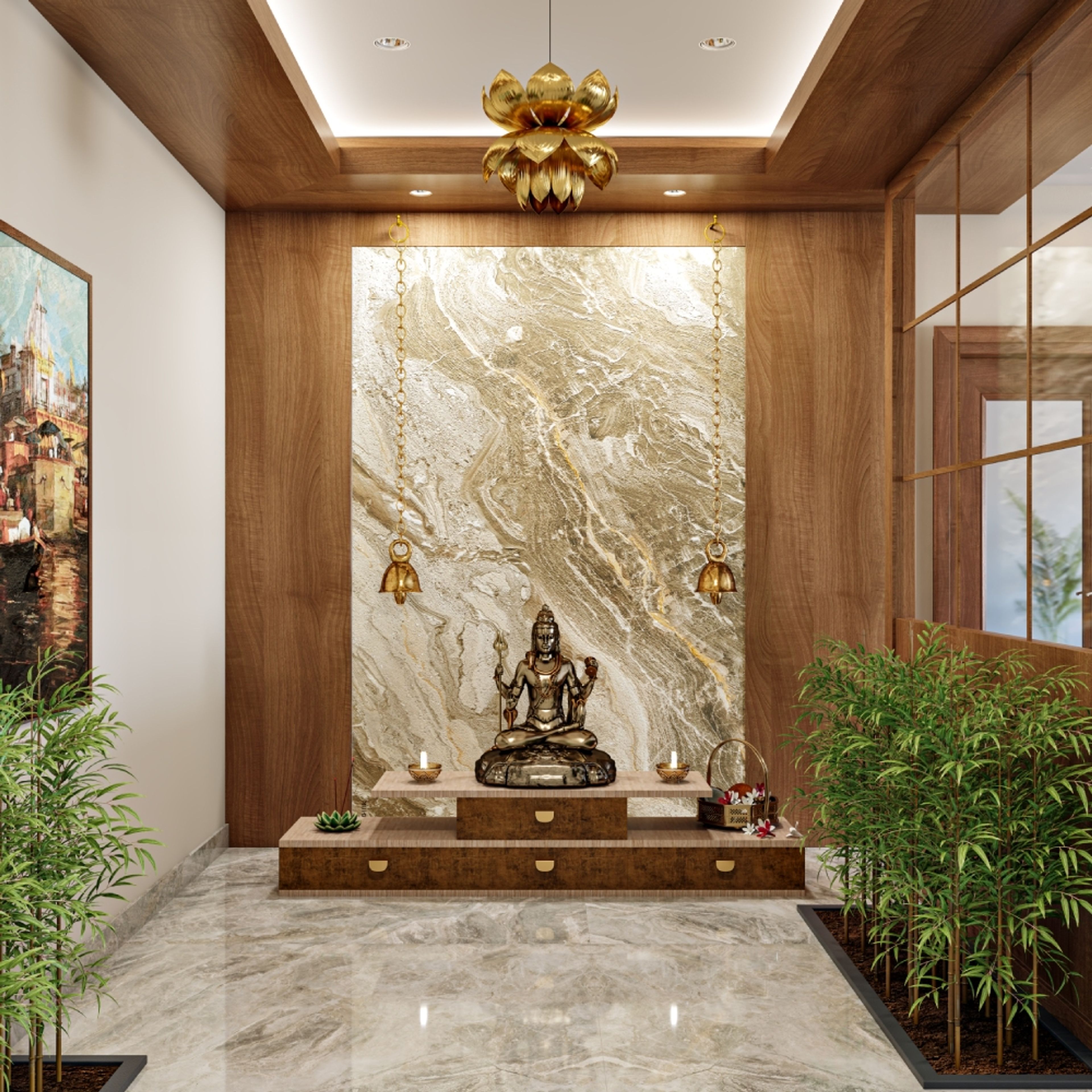 Peripheral gypsum false ceiling design with wooden frame and spotlights - Livspace