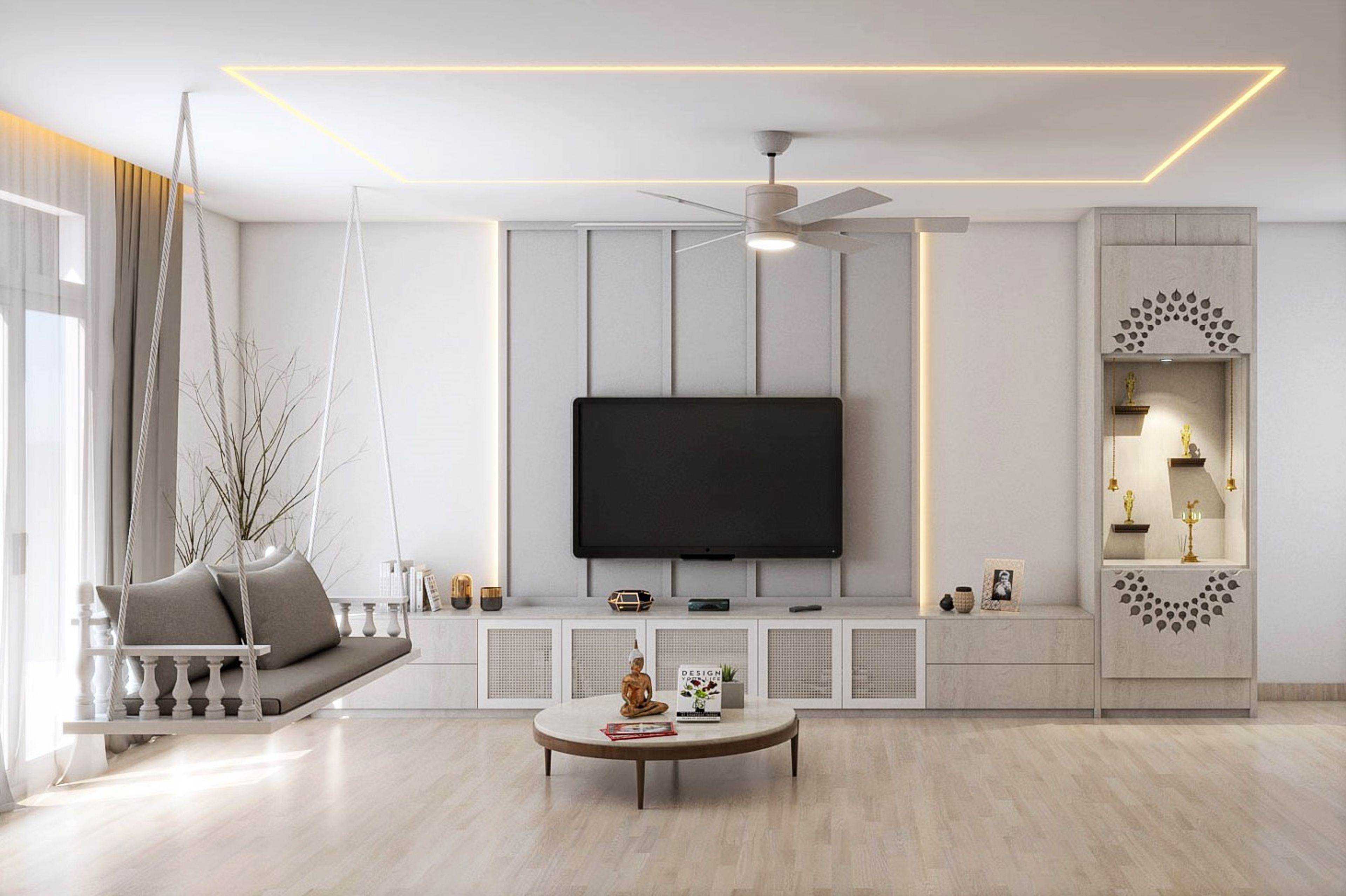 Rectangle Light Brown Wooden Flooring Design For The Living Room - Livspace