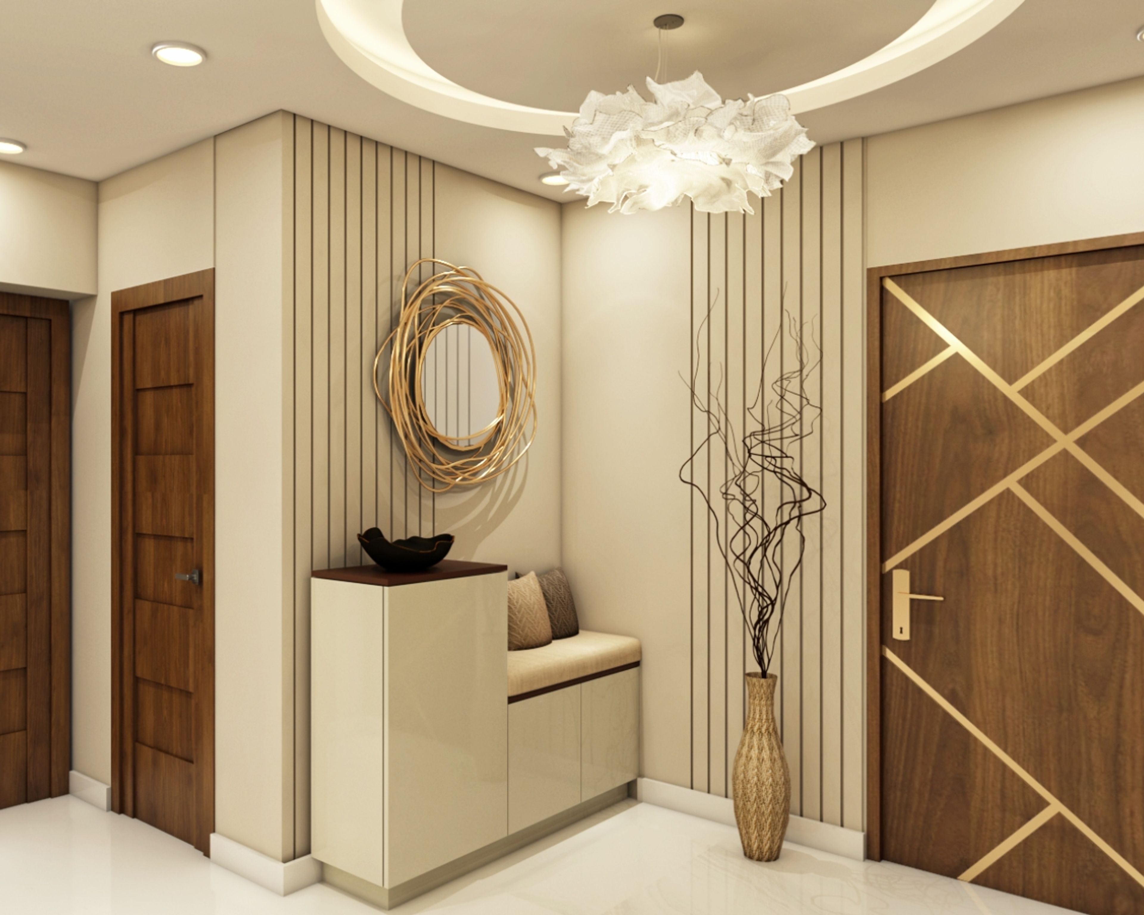 Contemporary Foyer With High-Gloss White Storage Unit, Wooden Top Panel, And Chandelier Lighting - Livspace