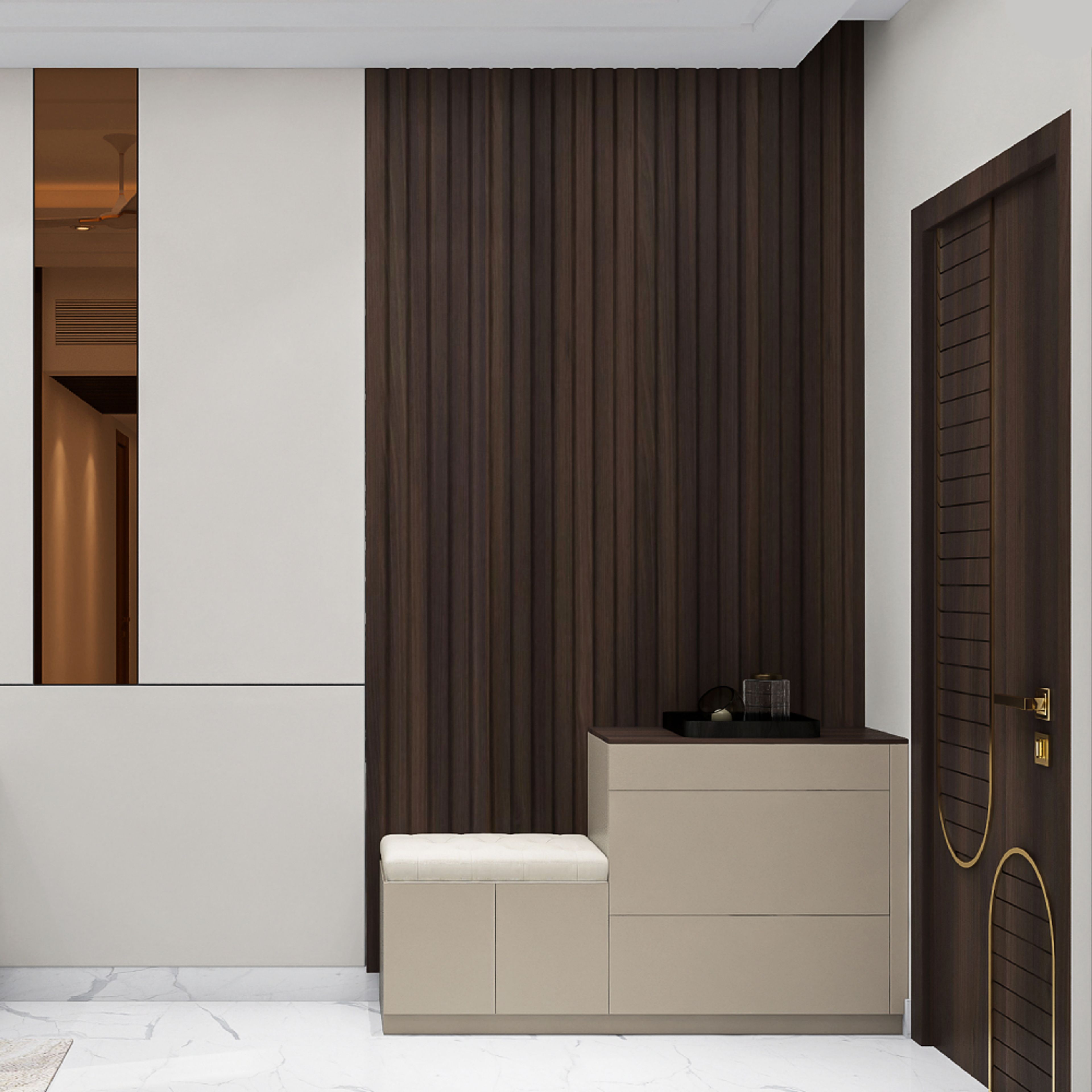 Modern foyer in Irish cream, stepped storage units, and wooden wall panels creating a warm ambiance. - Livspace