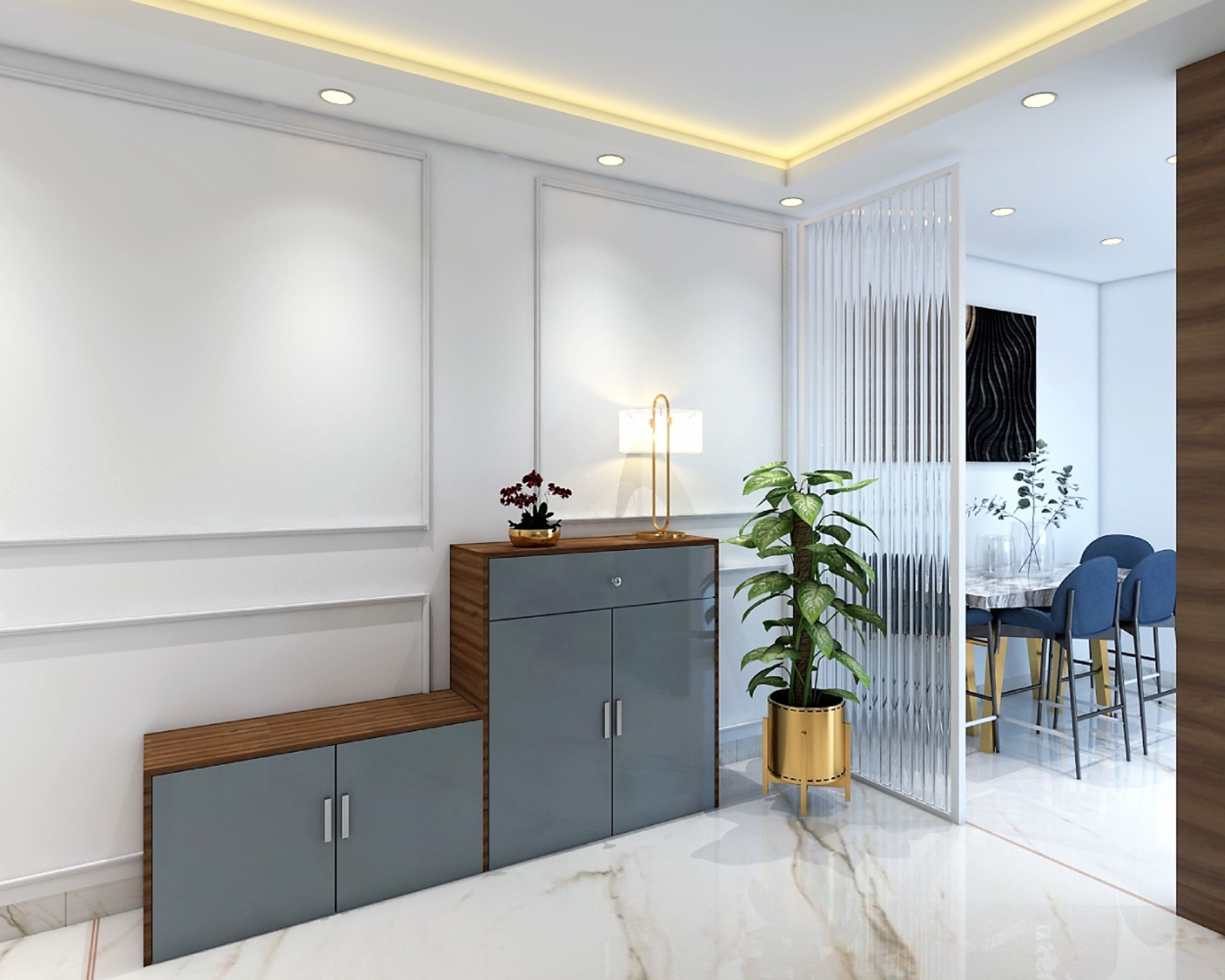 White Foyer Design With Grey And Wood Stepped Storage Unit - Livspace