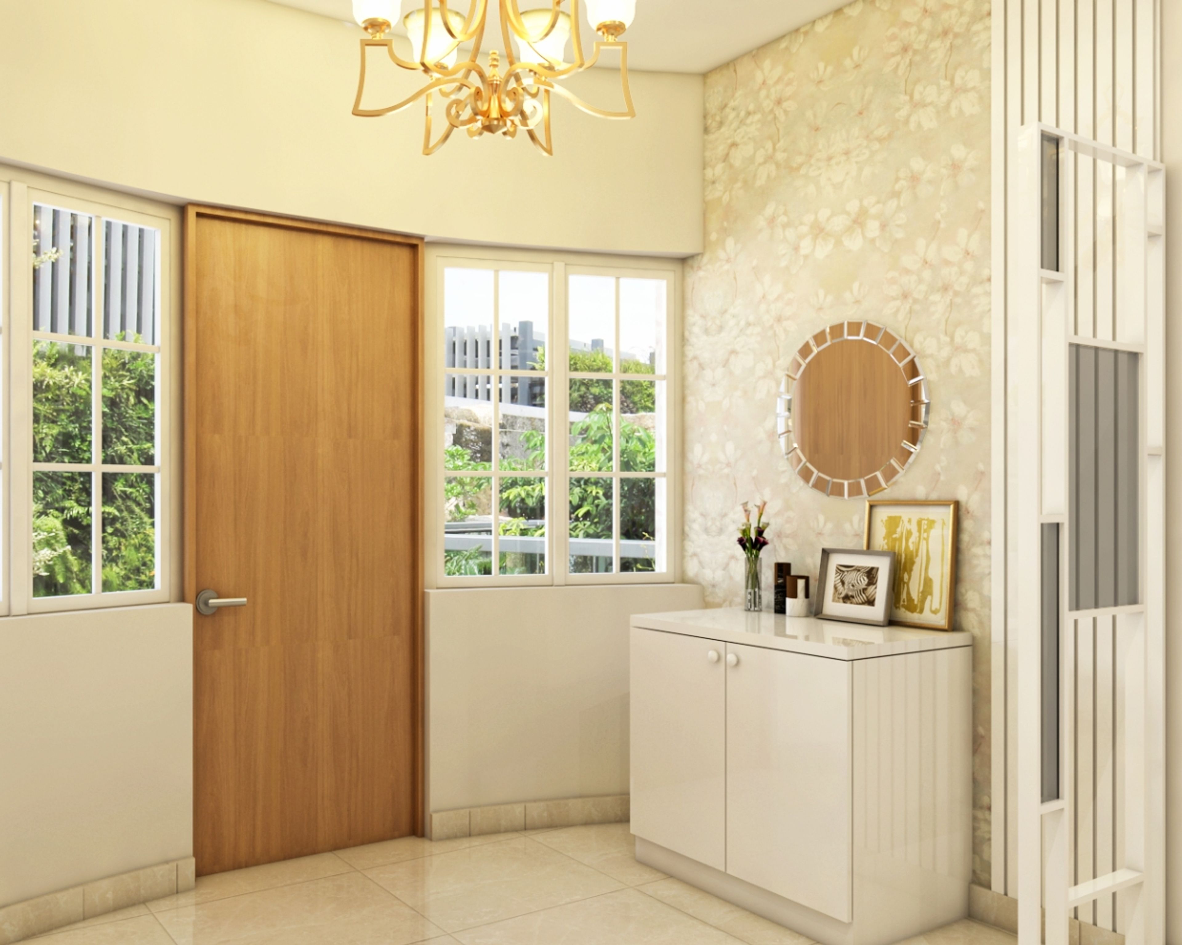 Spacious Foyer Design With White 2-Door Storage Unit And Beige Floral Wallpaper - Livspace