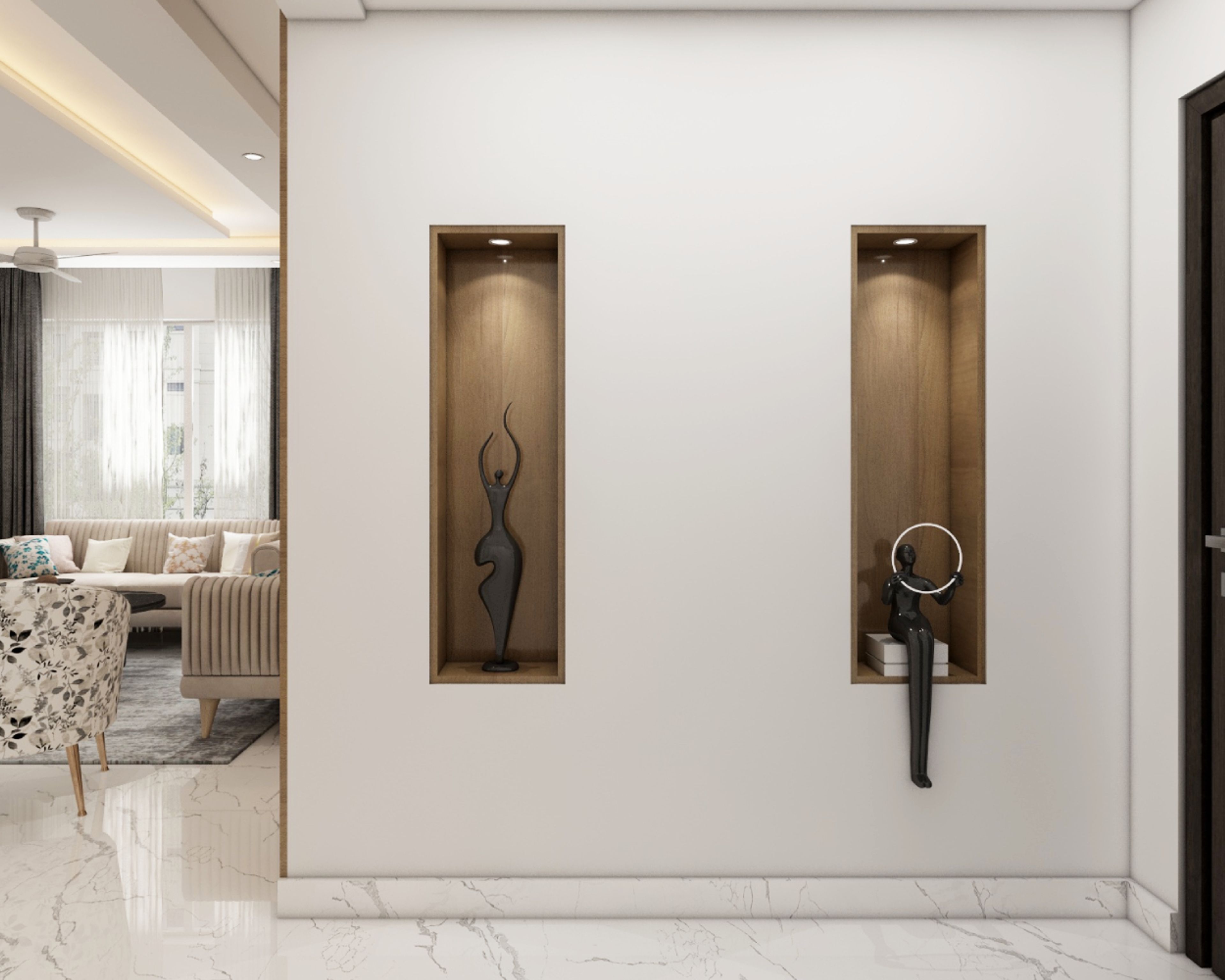 Foyer Design With White Wall Paint And Wooden Wall Niches - Livspace