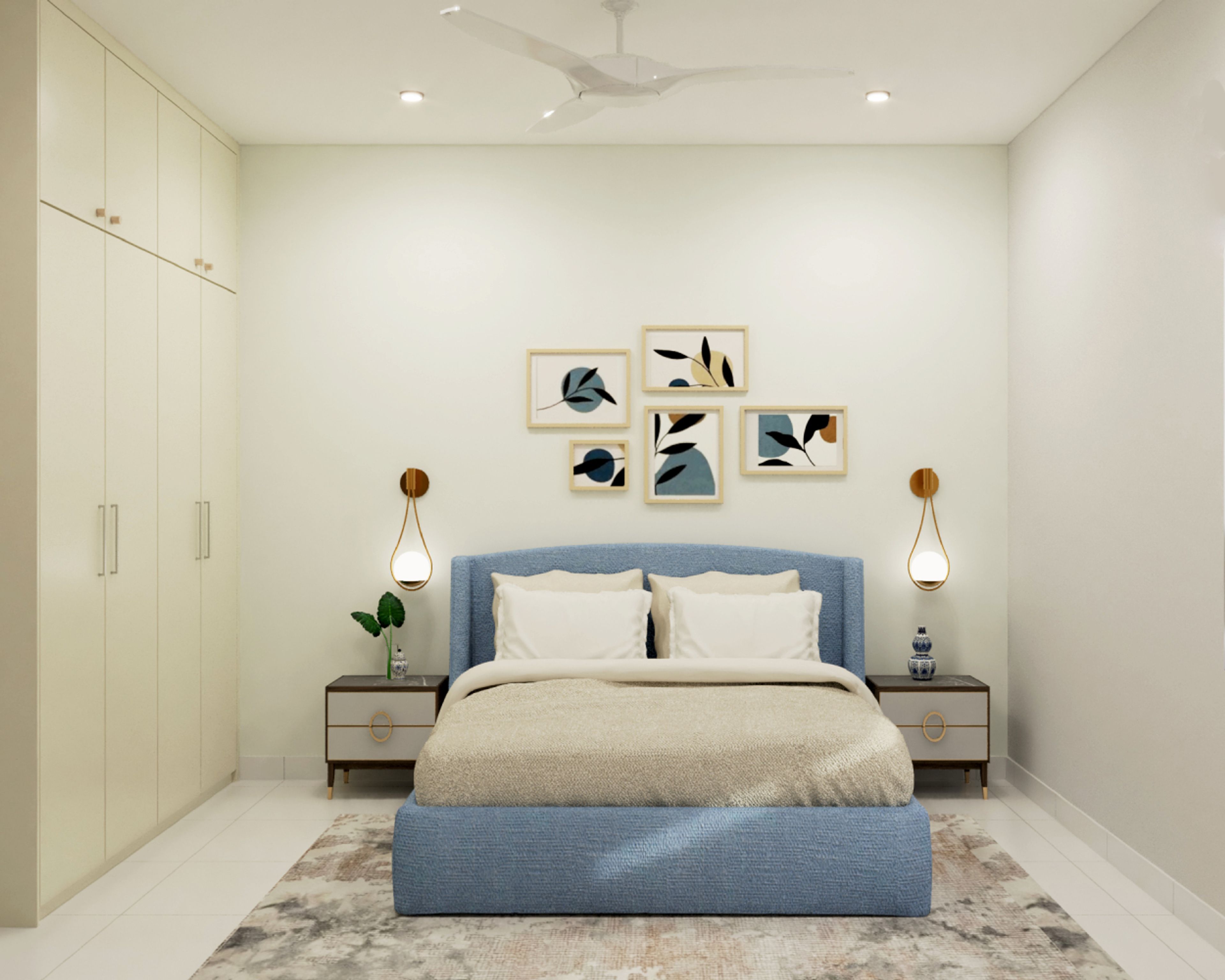 Cream And Blue Guest Room Design With 4-Door Swing Wardrobe And Blue Bed - Livspace