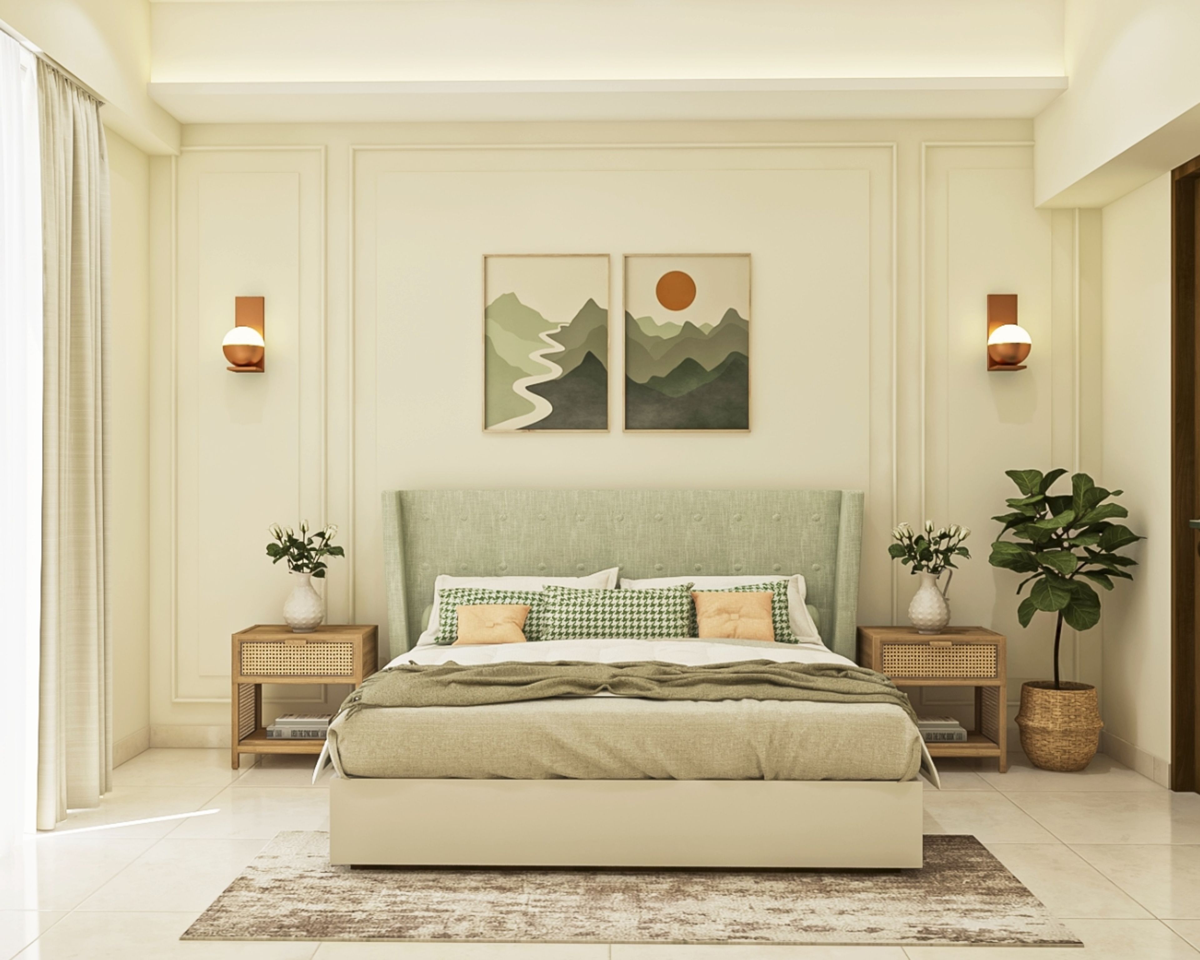 Contemporary Modern Guest Bedroom with King Bed, Rattan Side Tables, Off-White Wall Painting, and Decorative Wall Art - Livspace