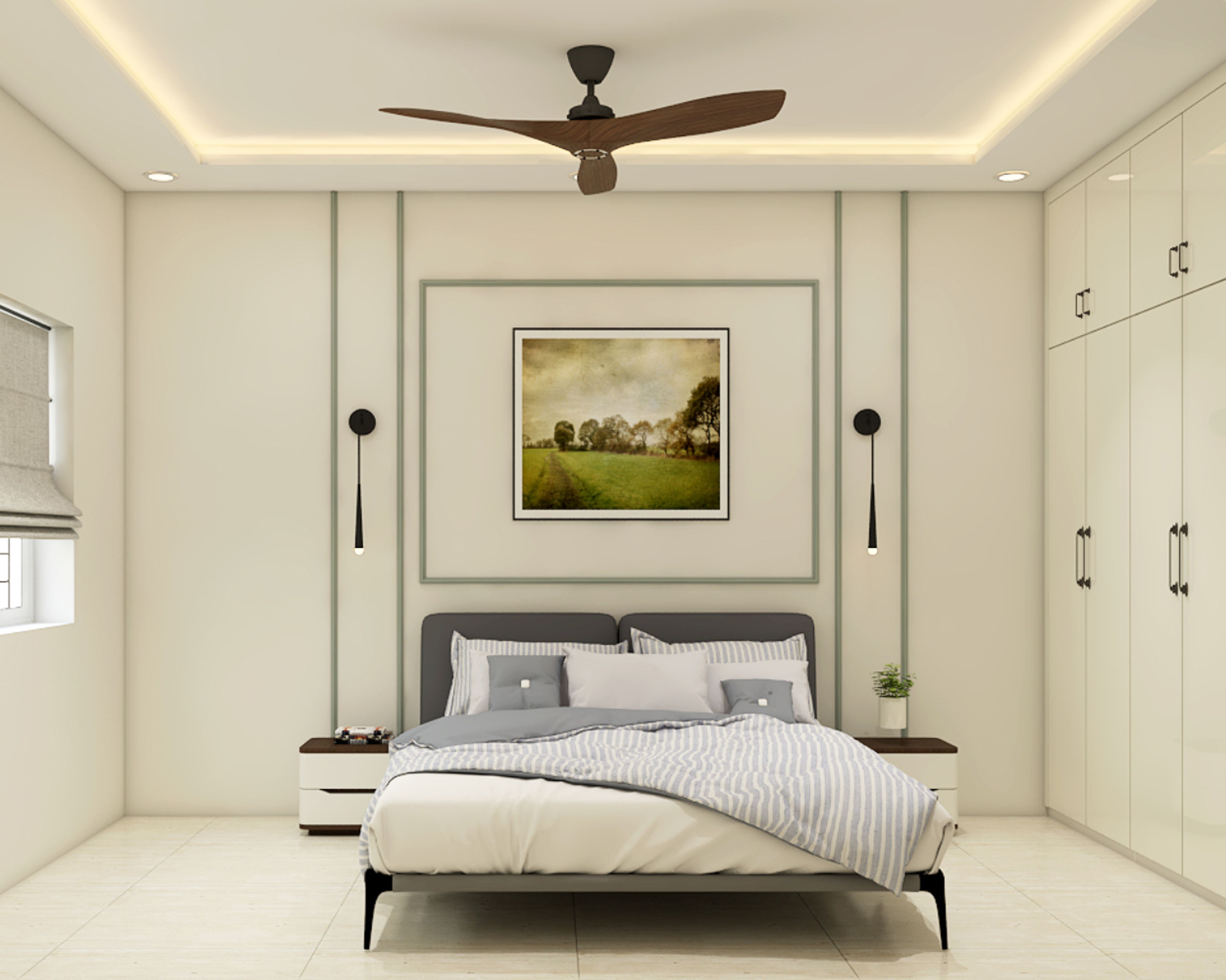 Spacious Modern Guest Bedroom with Grey Upholstered Bed Frame, White Wardrobe, and Green Wall Trims - Livspace