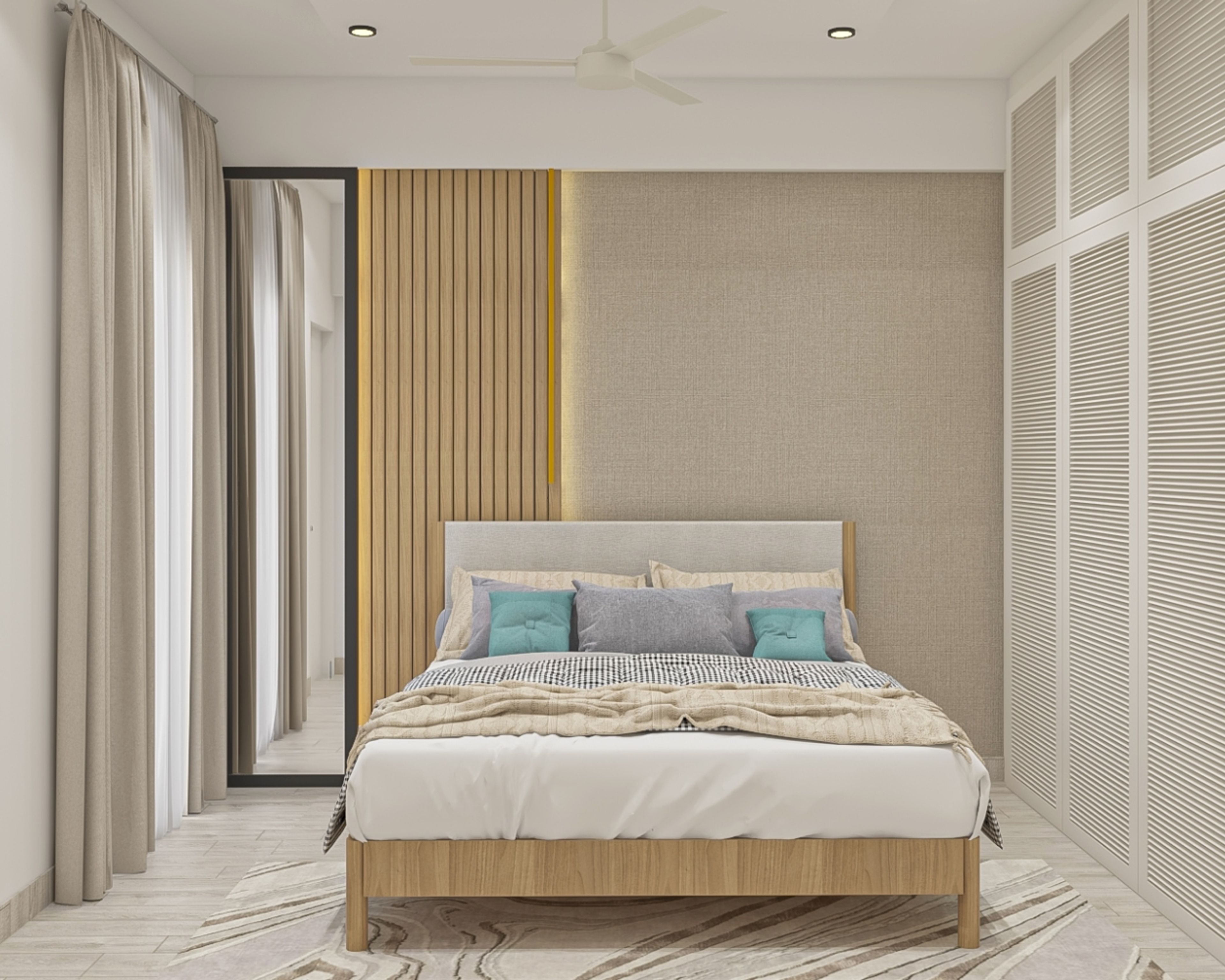 Modern Guest Bedroom with Queen Bed, Irish Cream Textured Wallpaper, White Wardrobe, and Decorative Wall Art - Livspace