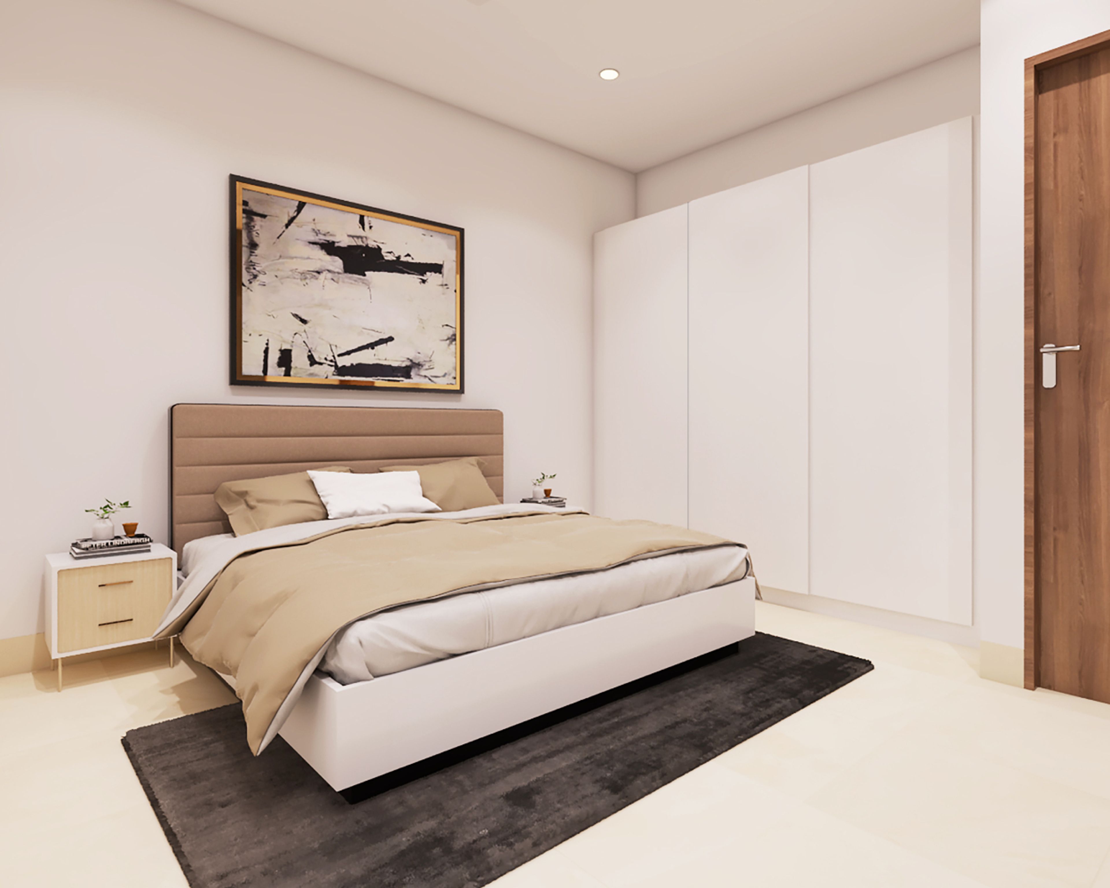 Minimal Beige Guest Room Design With Beige Queen-Size Bed, Sliding Wardrobe, and White Side Tables - Livspace