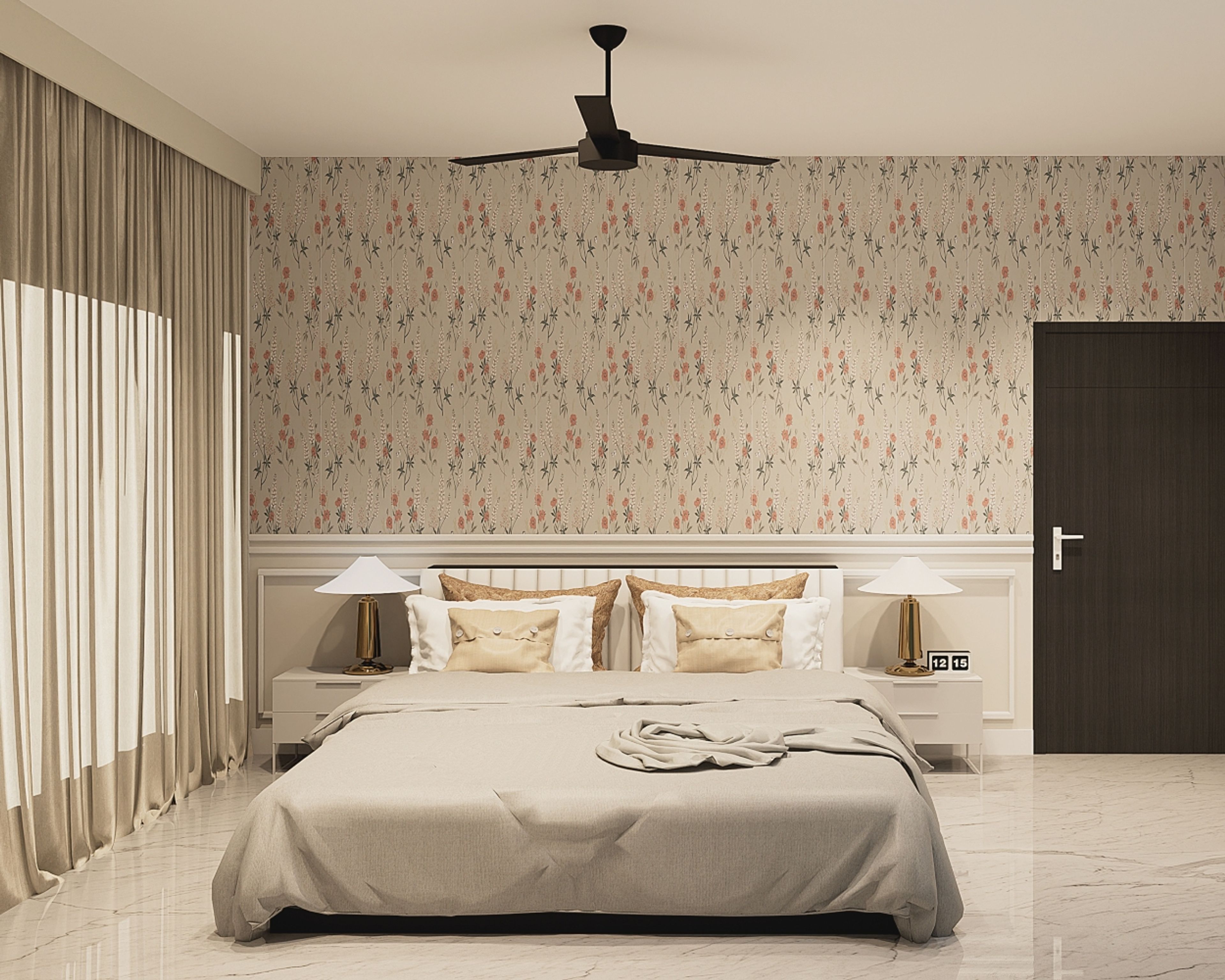 Modern White Guest Room Design With Floral Wallpaper and Side Table Lamps - Livspace