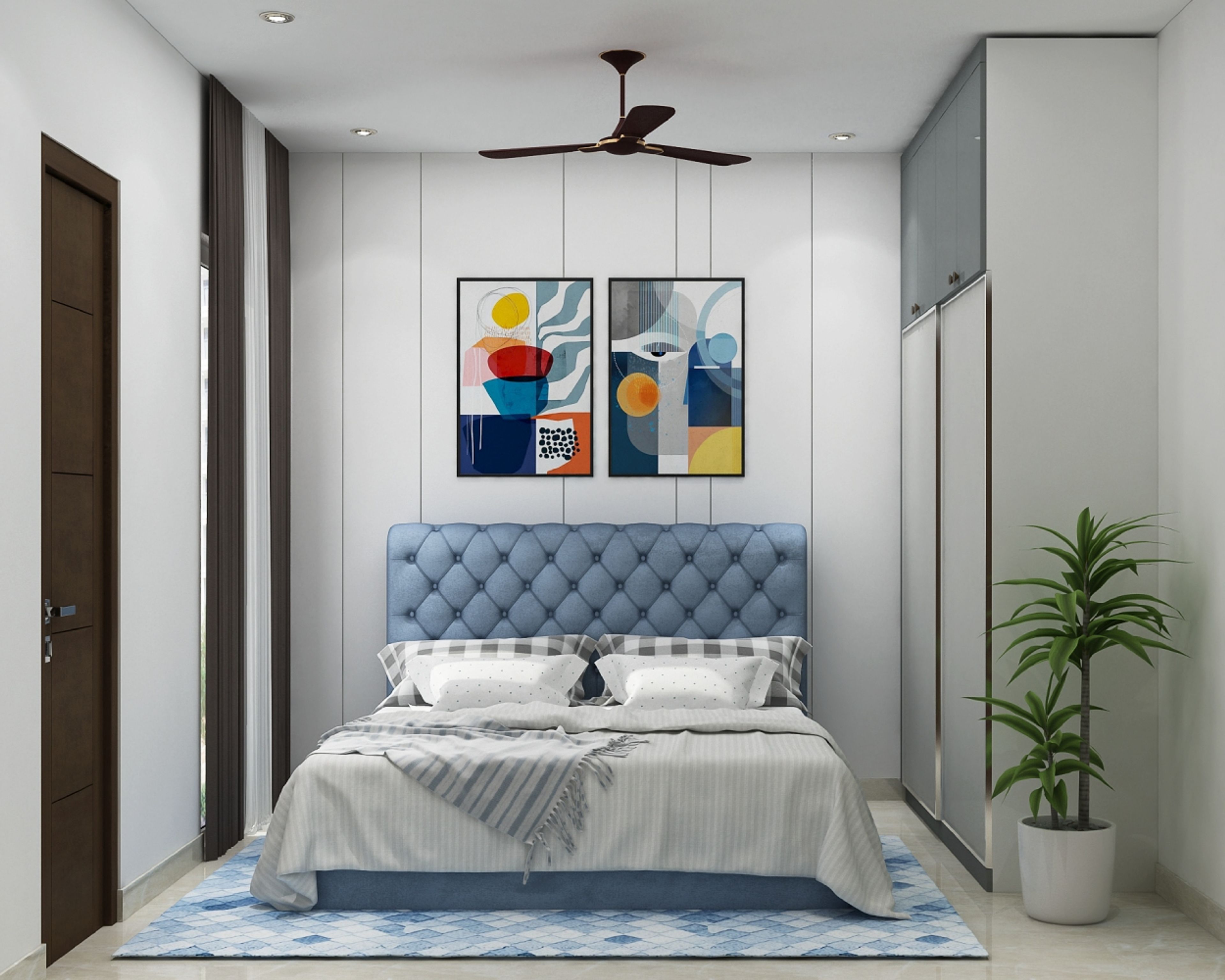 Compact Modern Guest Bedroom with Queen Bed, Blue Upholstered Headboard, Sliding Wardrobe, and Abstract Wall Art - Livspace