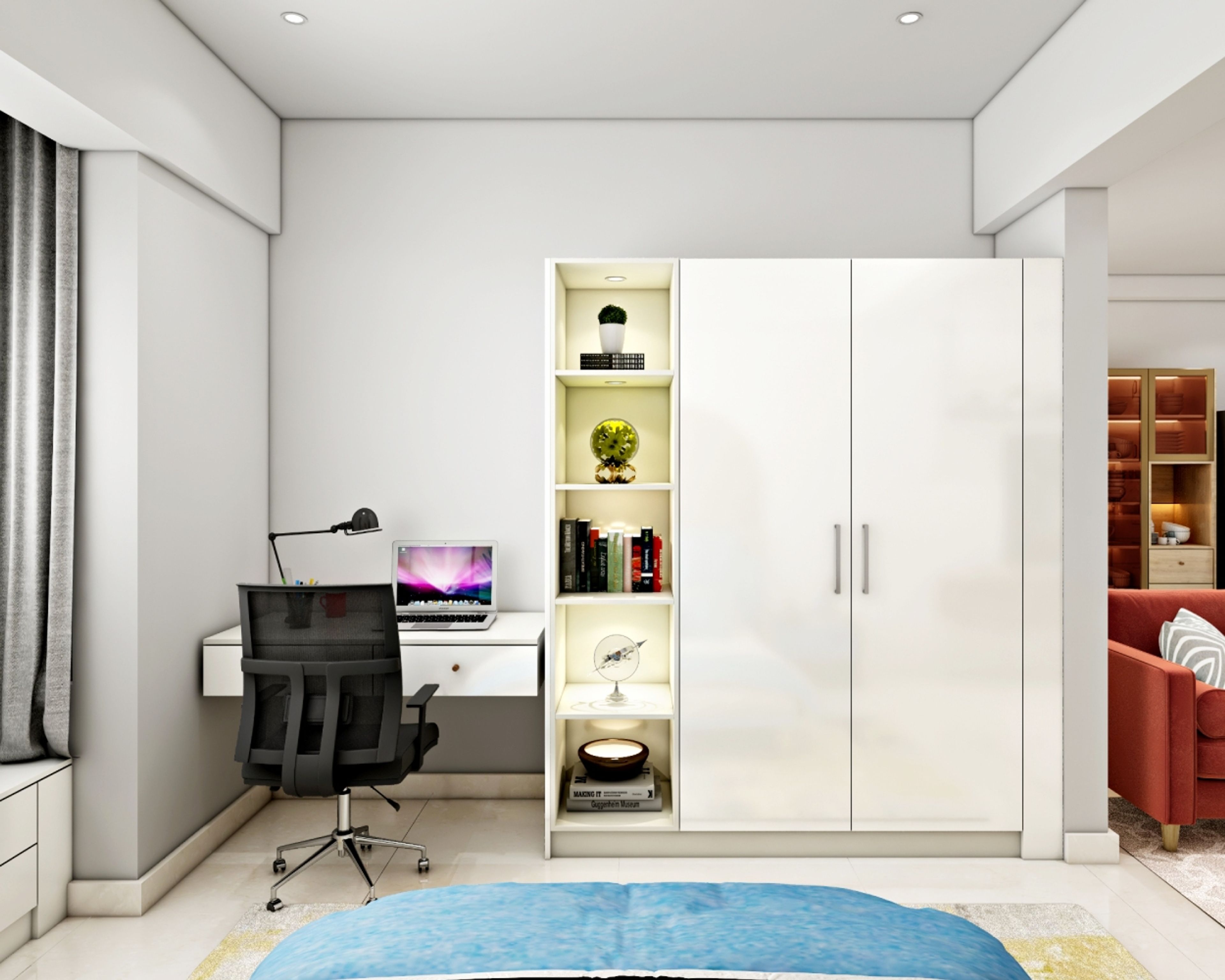 Space-saving modern home office with integrated wardrobe storage, spacious study unit in frosty white. - Livspace