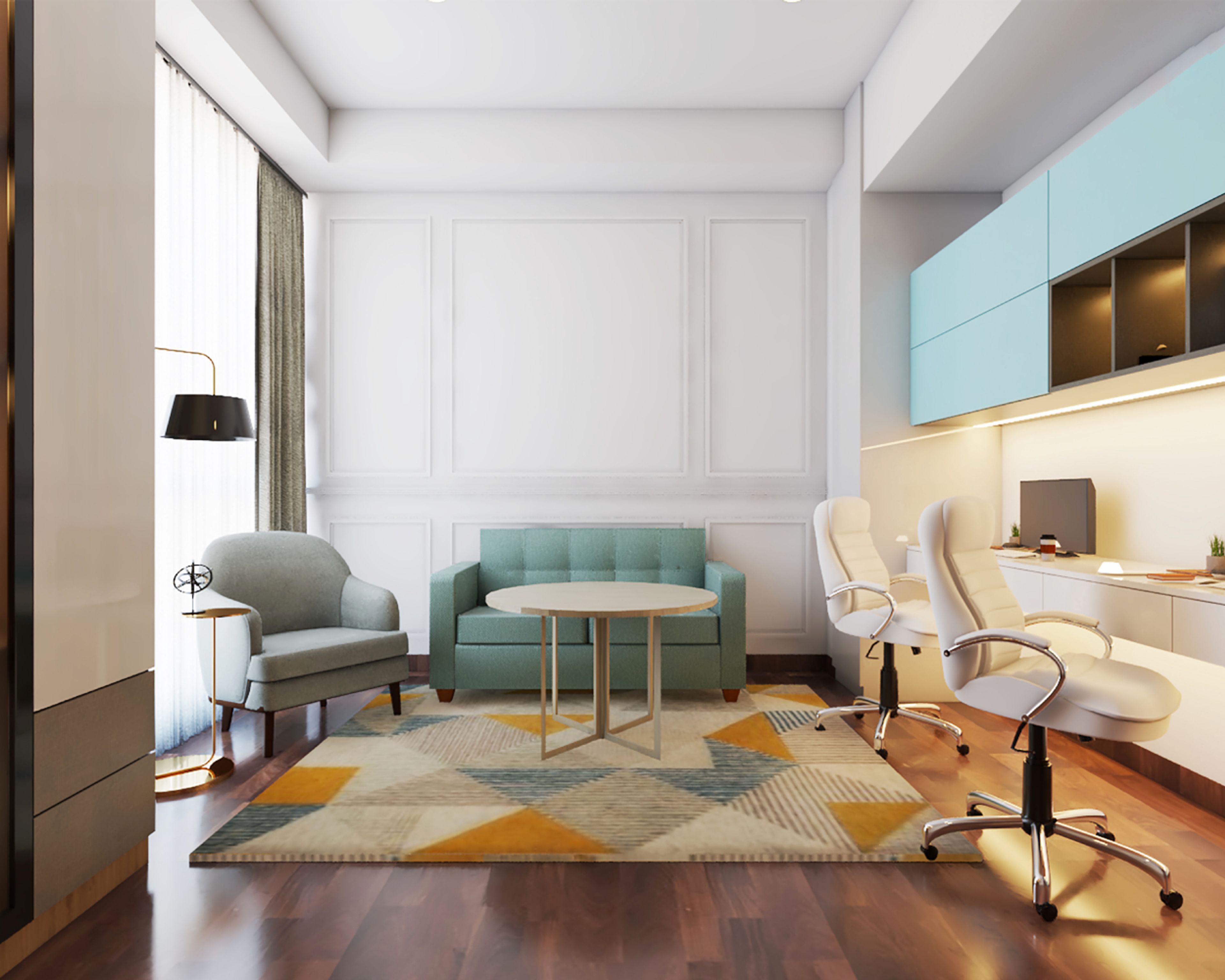 Contemporary White And Blue Home Office Design For Two