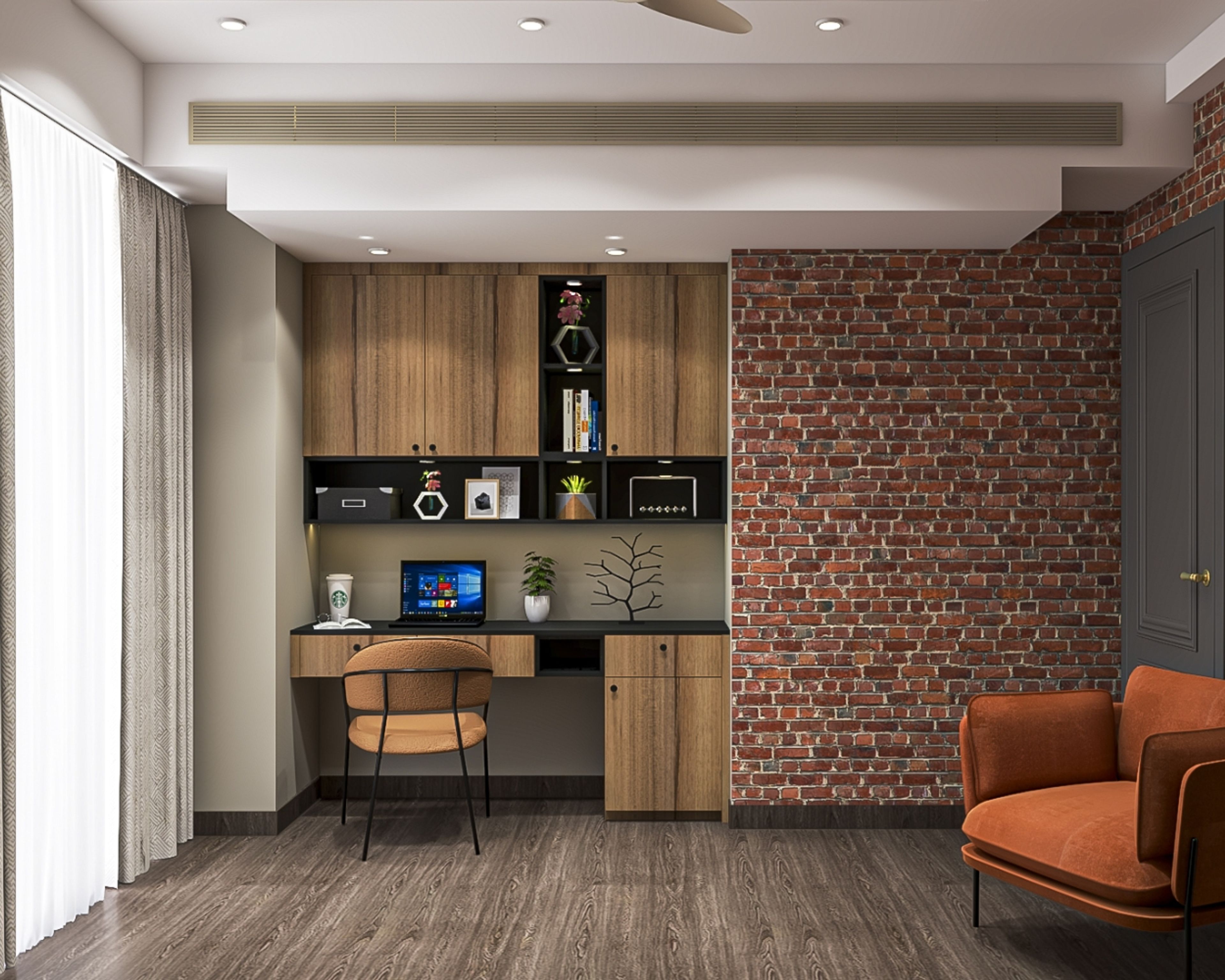 Industrial Home Office Design With Wooden Study Table and Red Brick Wall - Livspace