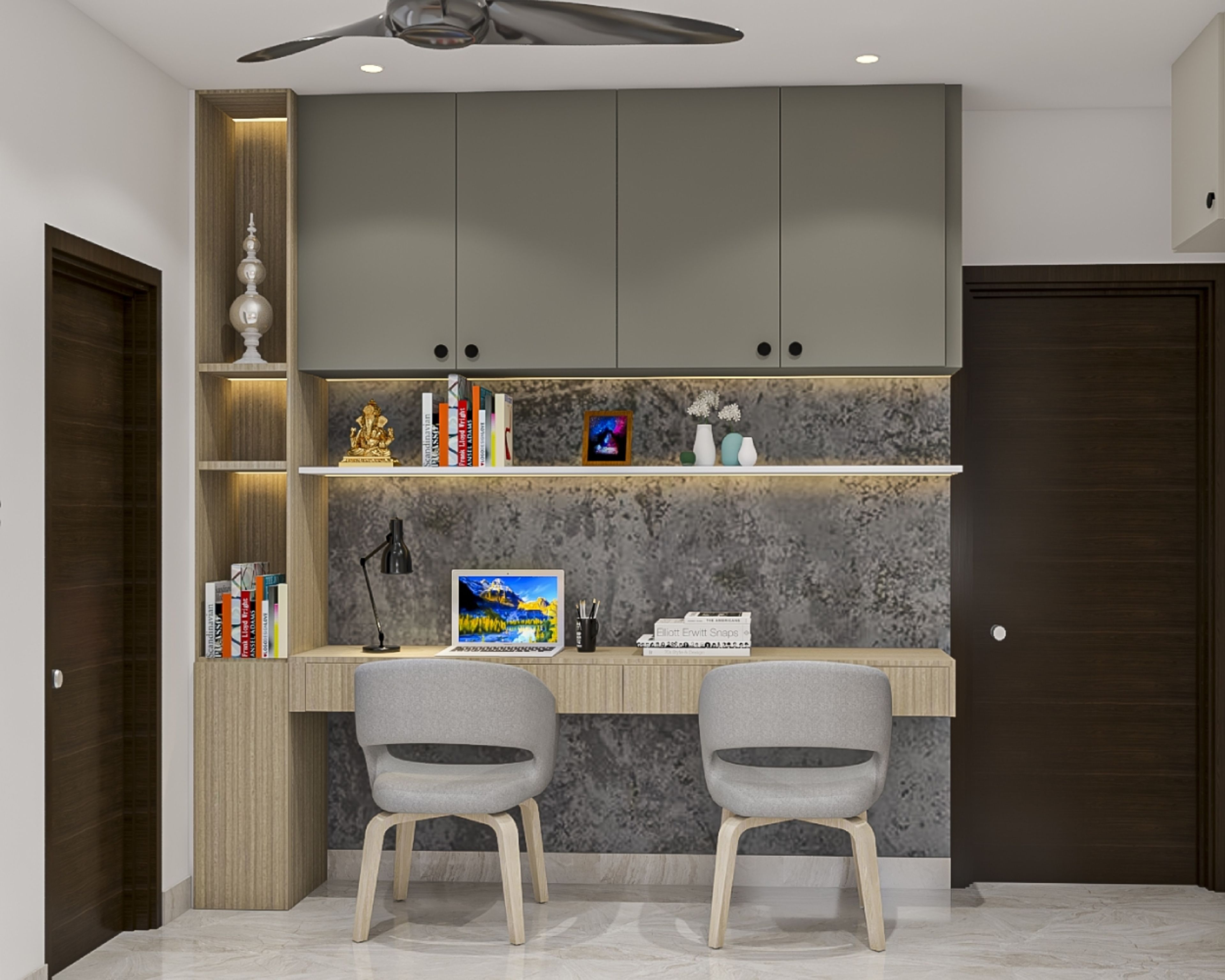 Modern Home Office Design with Acacia Study Table and Dove Grey Wall Storage - Livspace