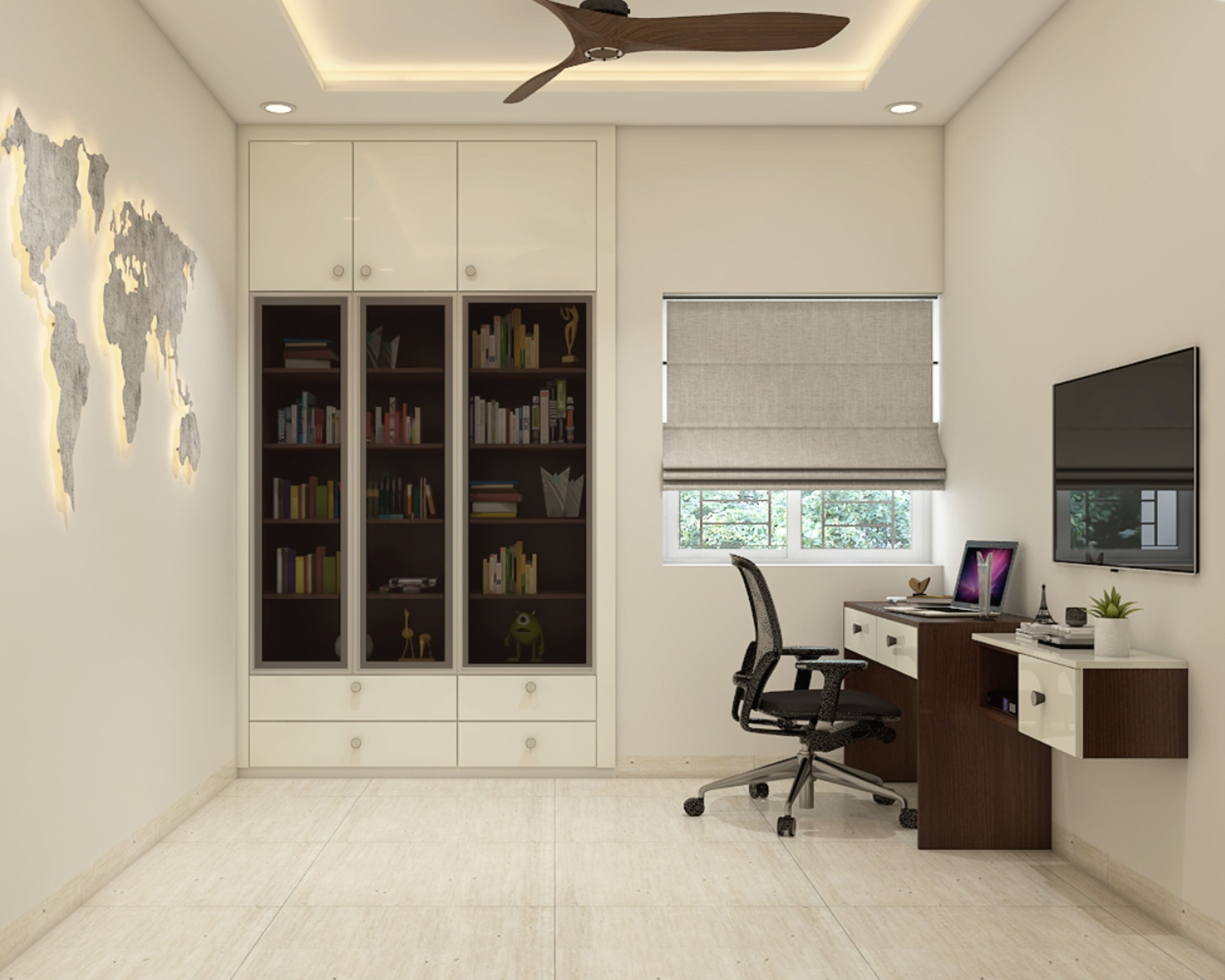 Modern home office with frosty white study table and storage, high gloss laminate finishes, and ample drawer and cabinet storage. - Livspace