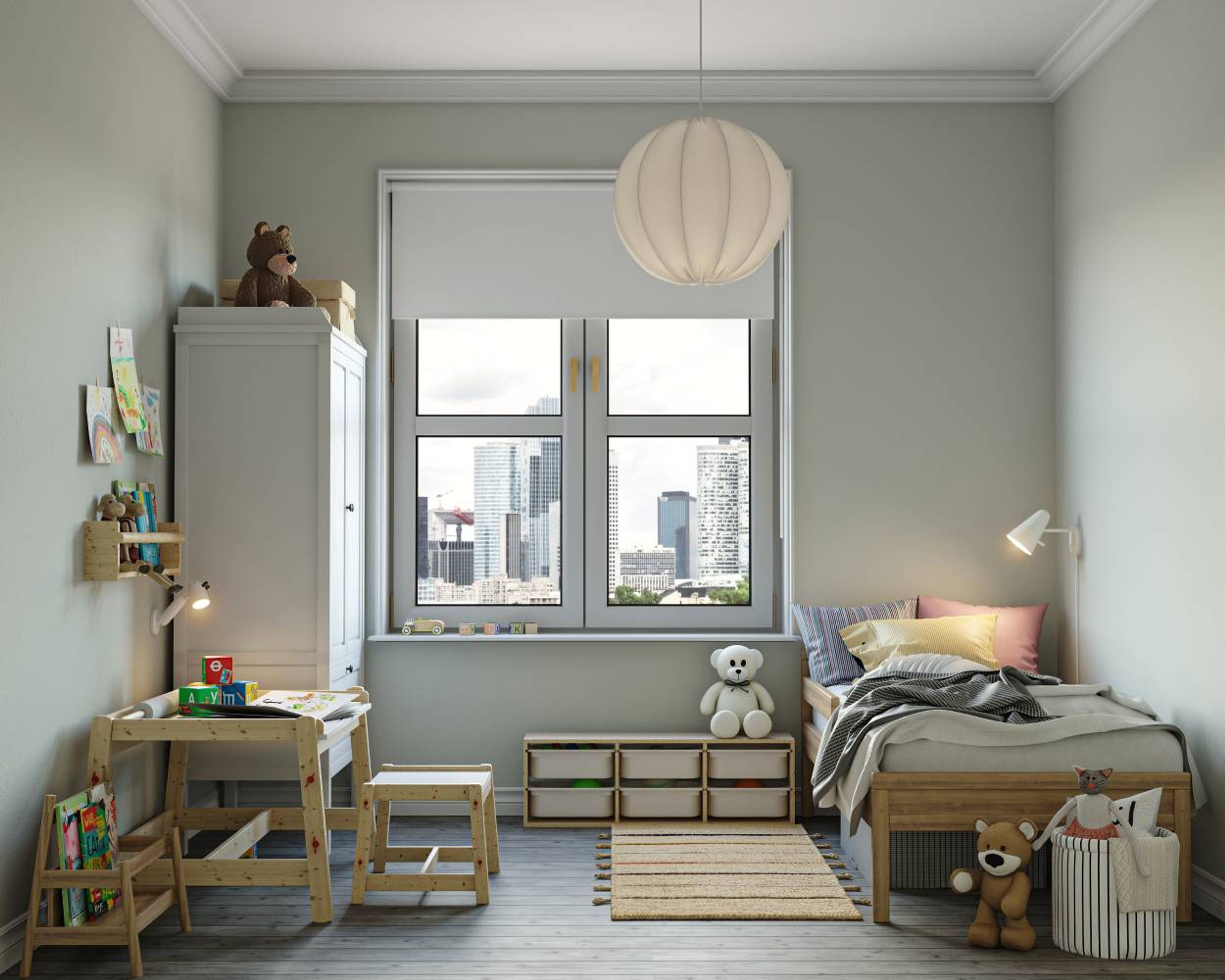 Minimal Grey Kids Room Design With With Wooden Single Bed