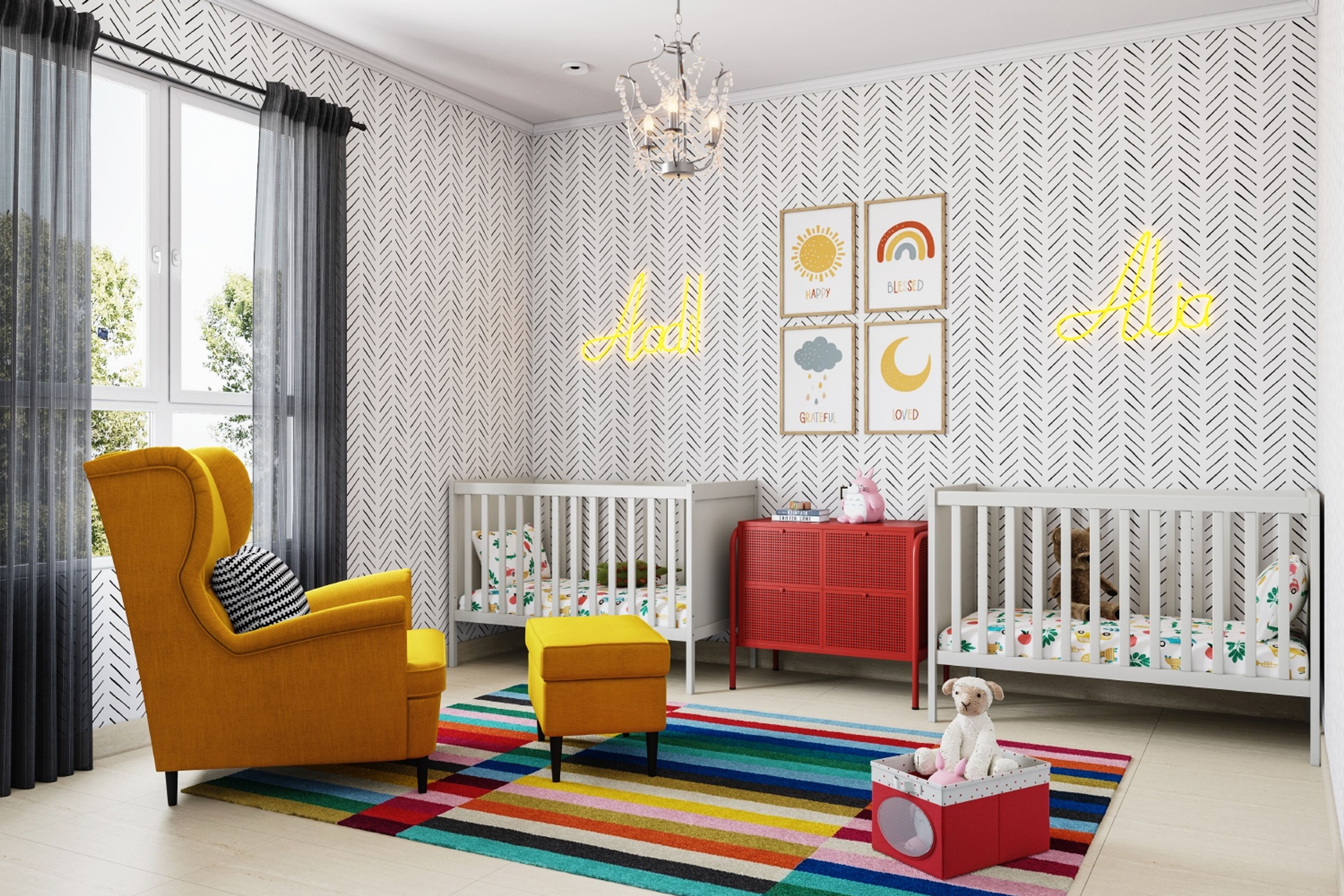 Eclectic Kids Room Design For Two With White Cribs