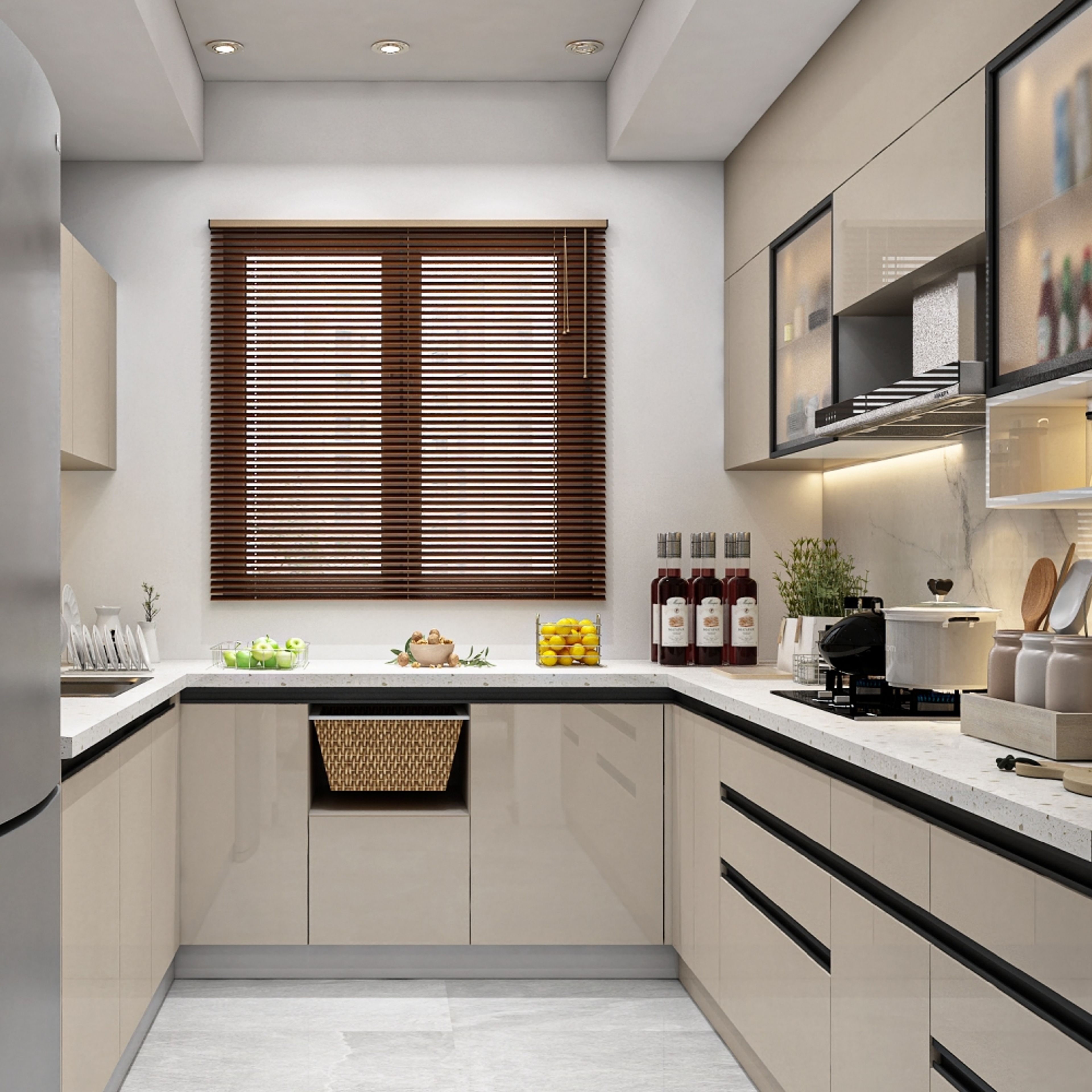 L-shaped kitchen design with white countertop