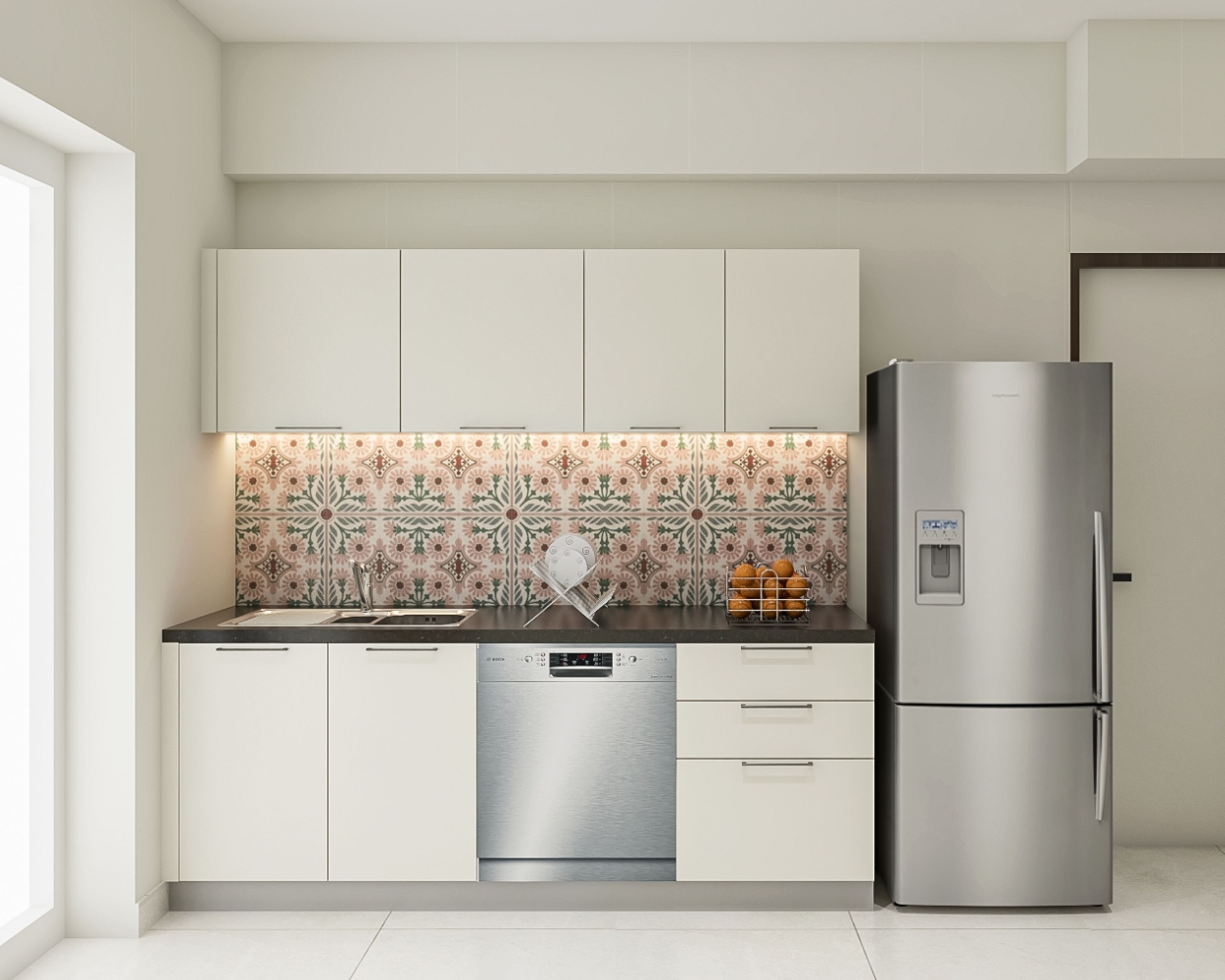Parallel kitchen design with grey refrigerator