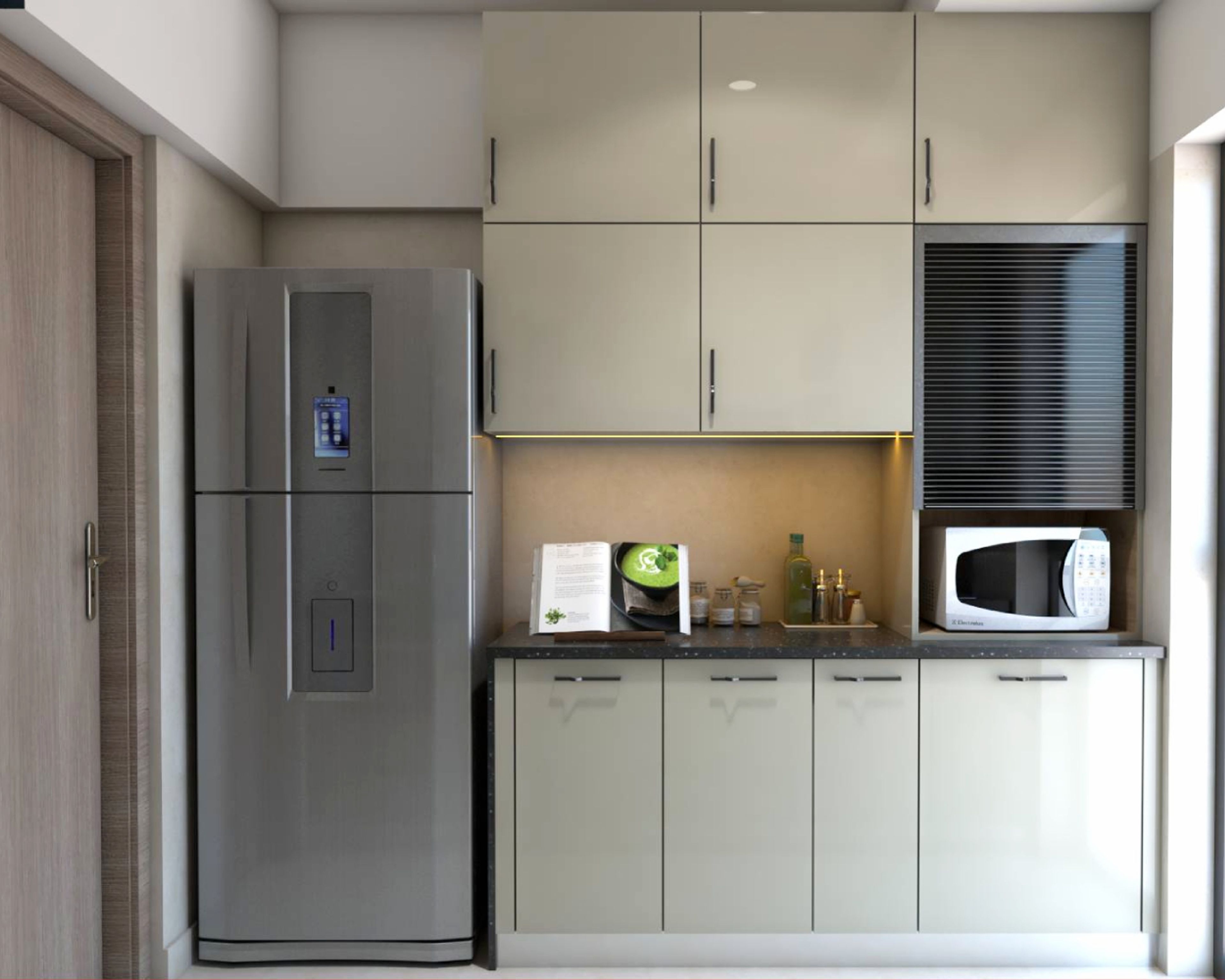 Parallel kitchen design with grey refrigerator